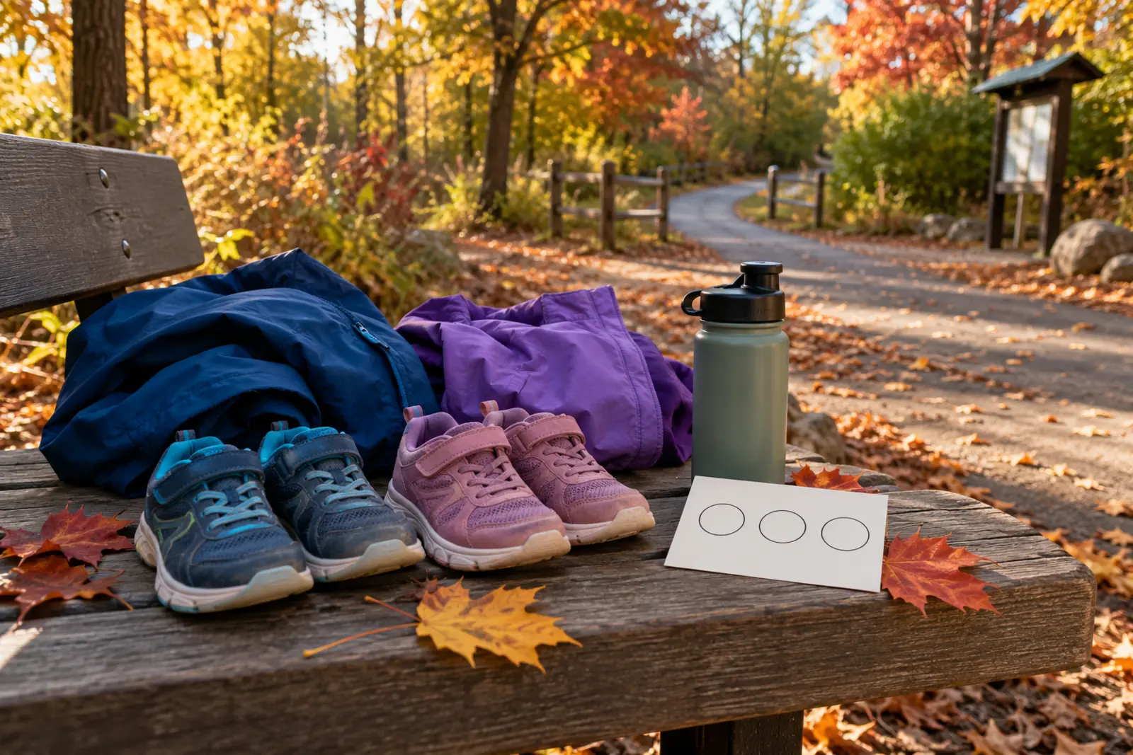 Two pairs of child-size sneakers, jackets, water and a three-circle clue card beside a familiar autumn path