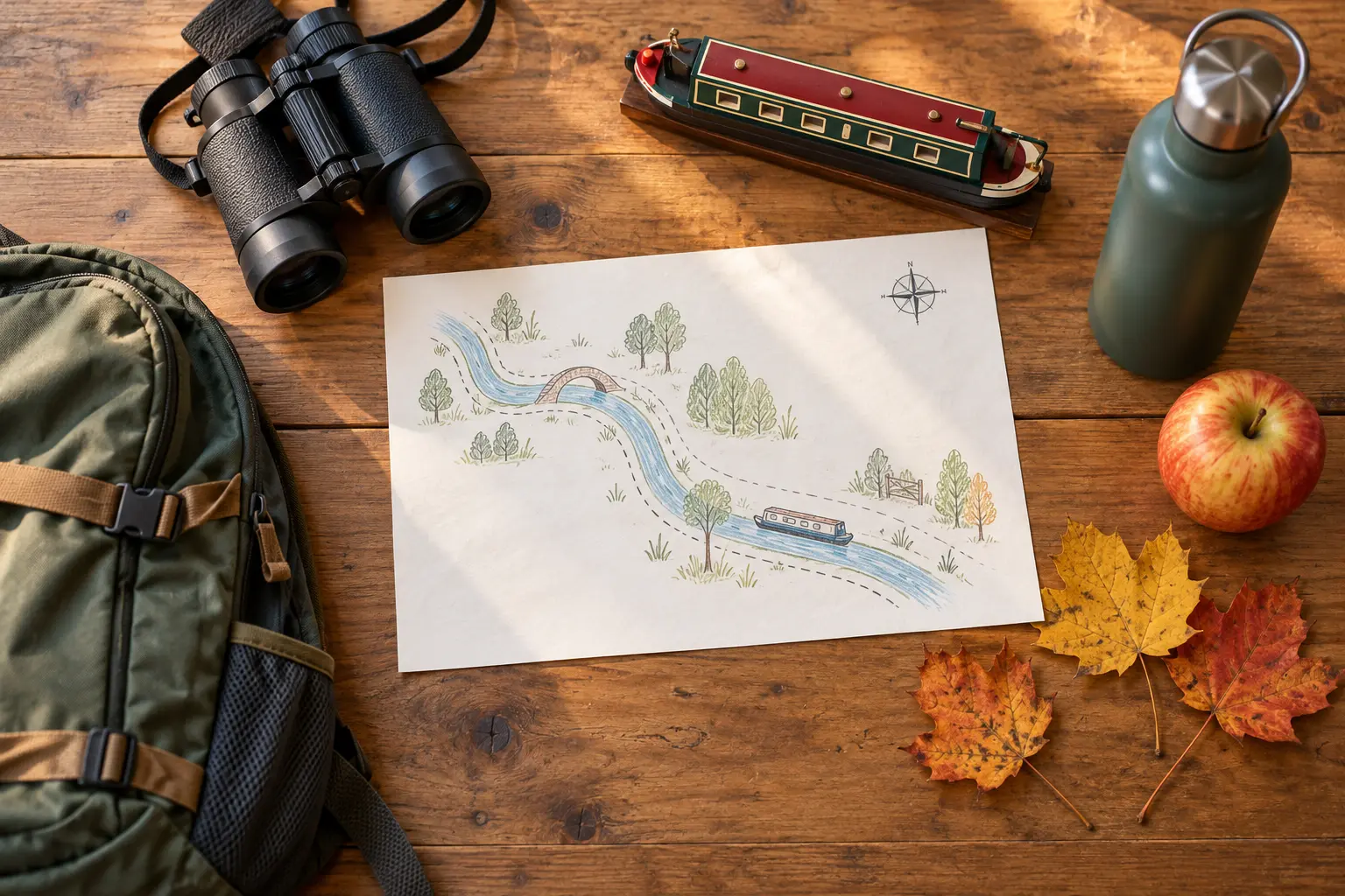 Conceptual canal-park planning table with a generic model canal boat, blank route sketch, binoculars, daypack, water bottle, apple and autumn leaves