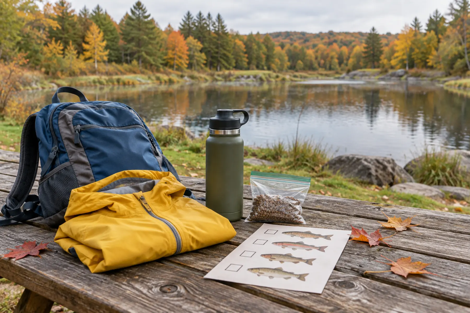 Generic autumn fish-hatchery planning setup with daypack, rain jacket, water bottle, fish-feed bag and icon checklist beside a pond