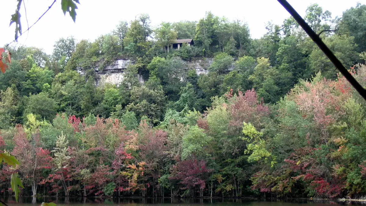 Glacier Lake and the high limestone cliff at Clark Reservation State Park in Jamesville, New York