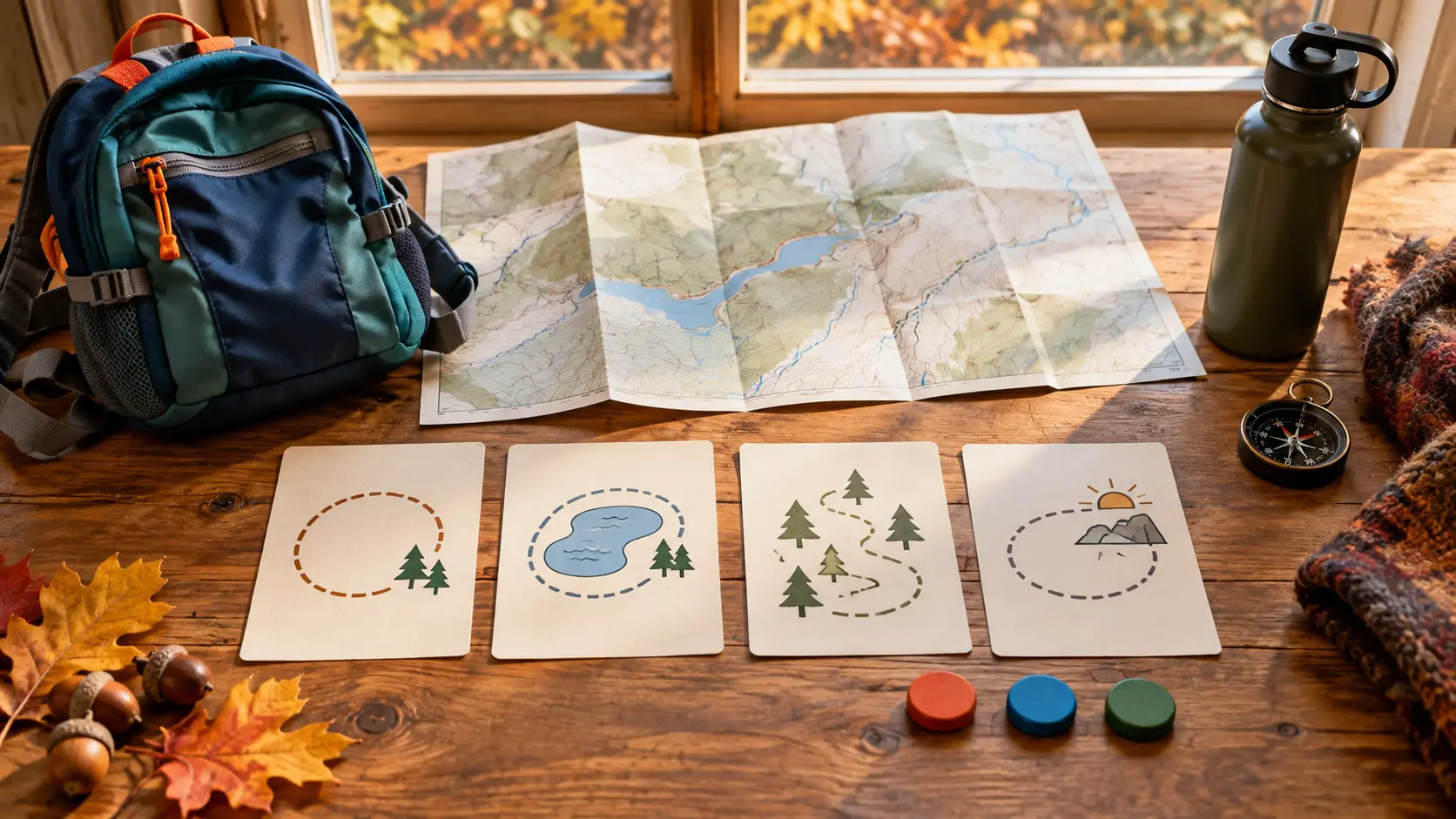 Conceptual Central New York family trail-choice table with four illustrated route cards, a generic map, daypack, water and decision tokens