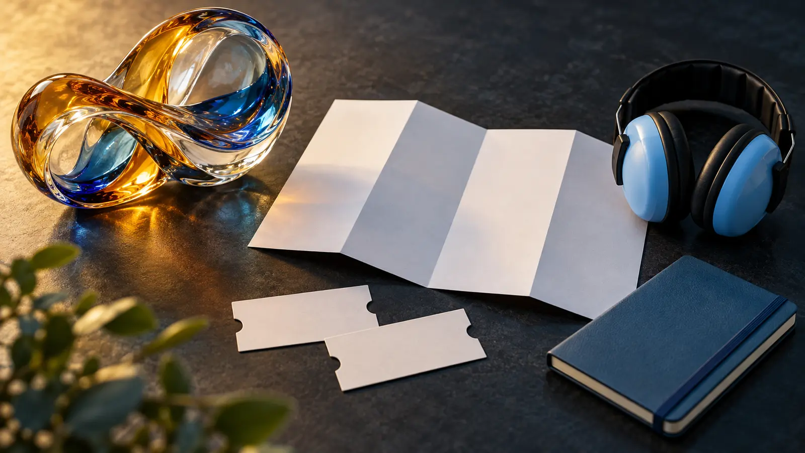 Conceptual glass-museum planning still life with abstract finished glass sculpture, blank gallery map, blank tickets, hearing protectors and notebook