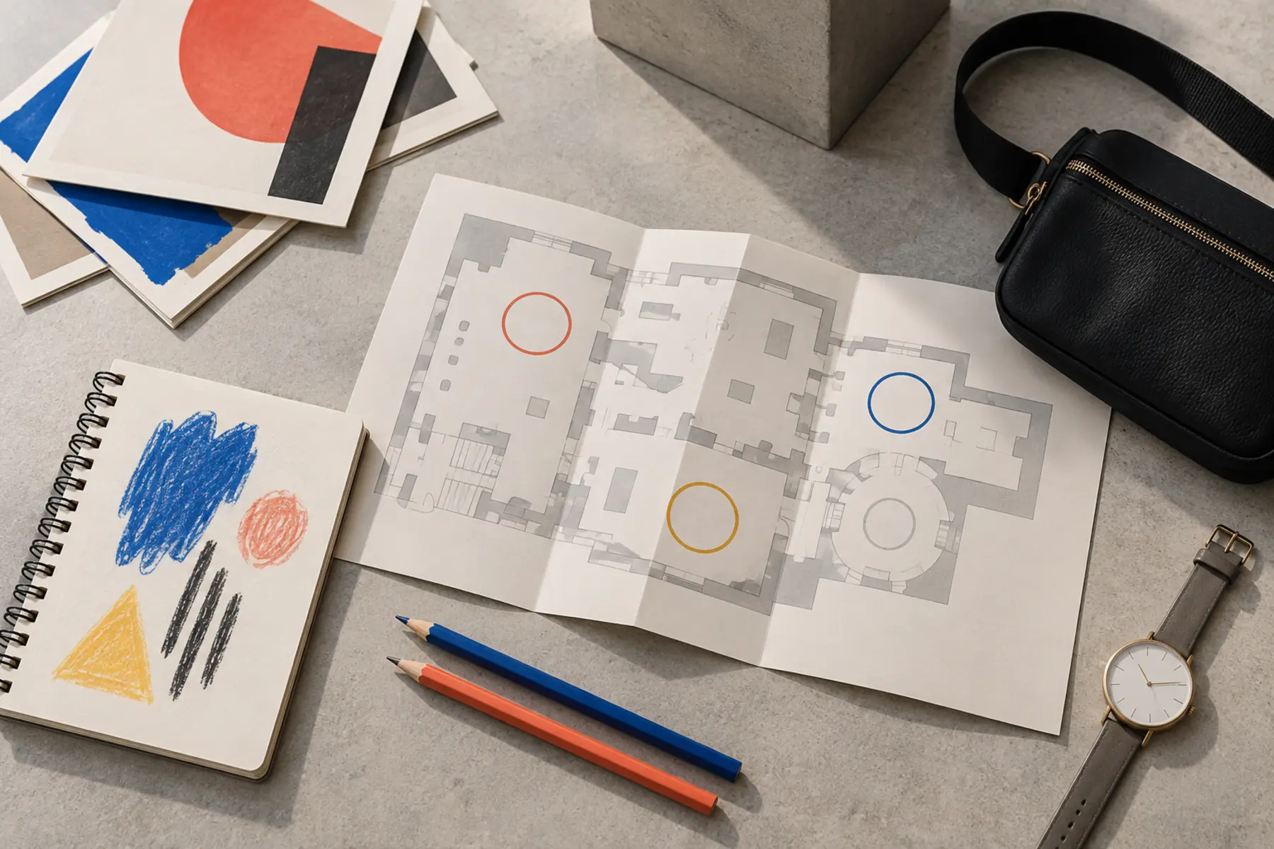 Generic art-museum family planning setup with an invented gallery map, sketchbook, colored pencils, watch and crossbody bag