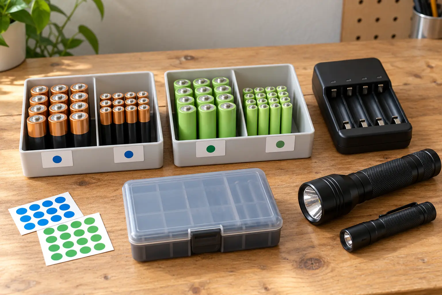 Conceptual battery sorting setup with generic AA and AAA cells in separate trays, an unplugged charger, storage case and two flashlights