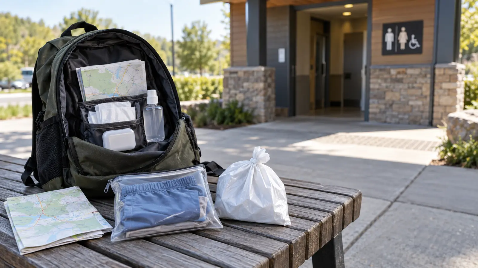 Open daypack with map, tissues, sanitizer, spare clothes and cleanup bag near a public restroom entrance