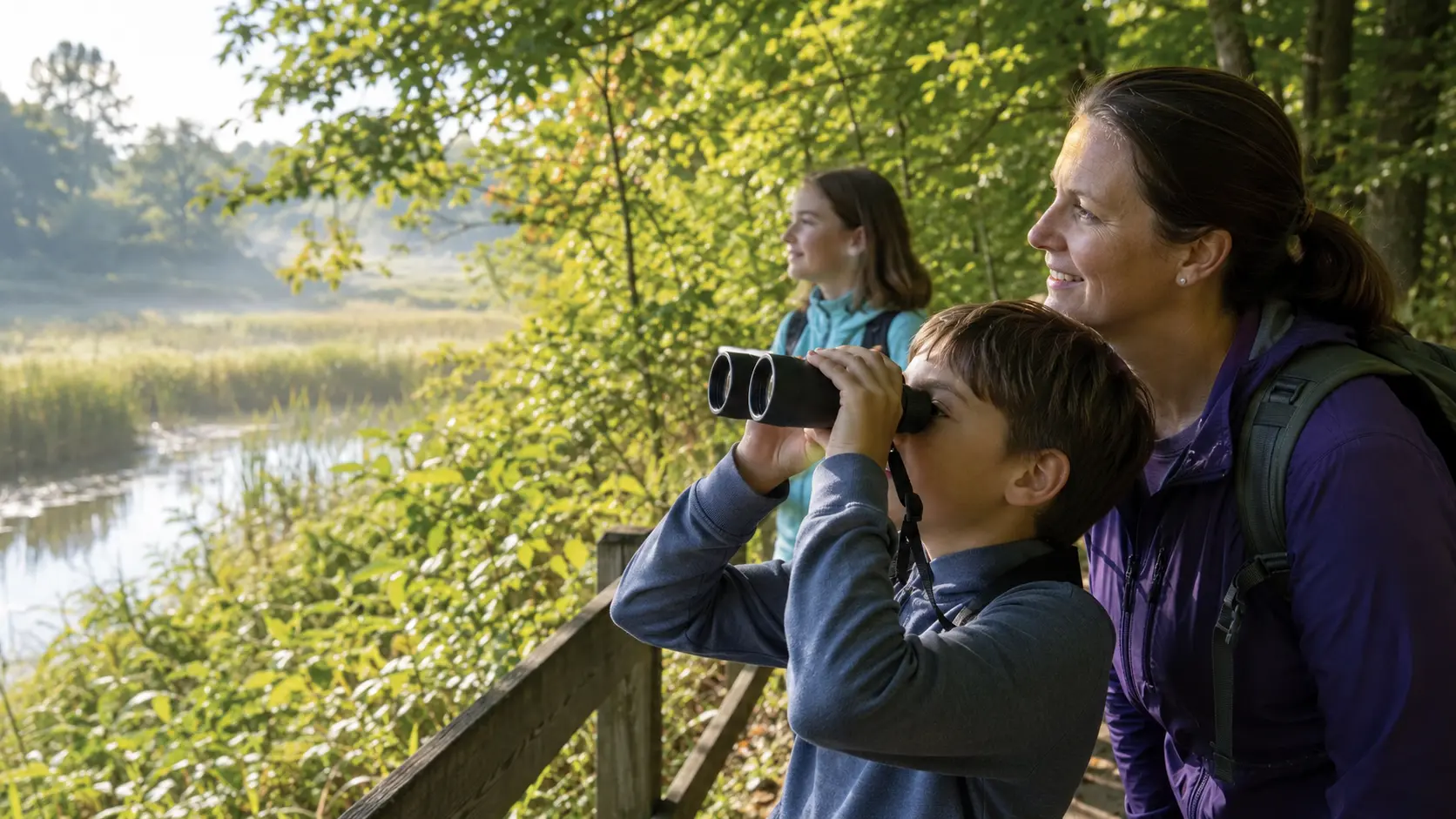 A school-age child using compact binoculars with family at a wetland overlook