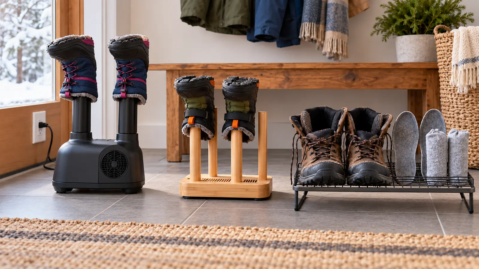Unbranded comparison of a forced-air boot dryer, upright convection dryer and passive ventilated rack with opened boots and removed insoles