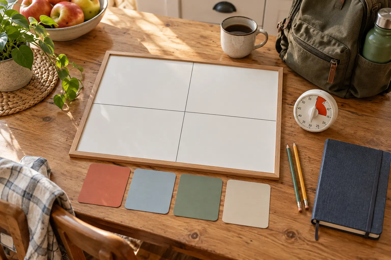 Top-down family planning table with a blank four-quadrant board, four colored cards, timer, pencils and a backpack