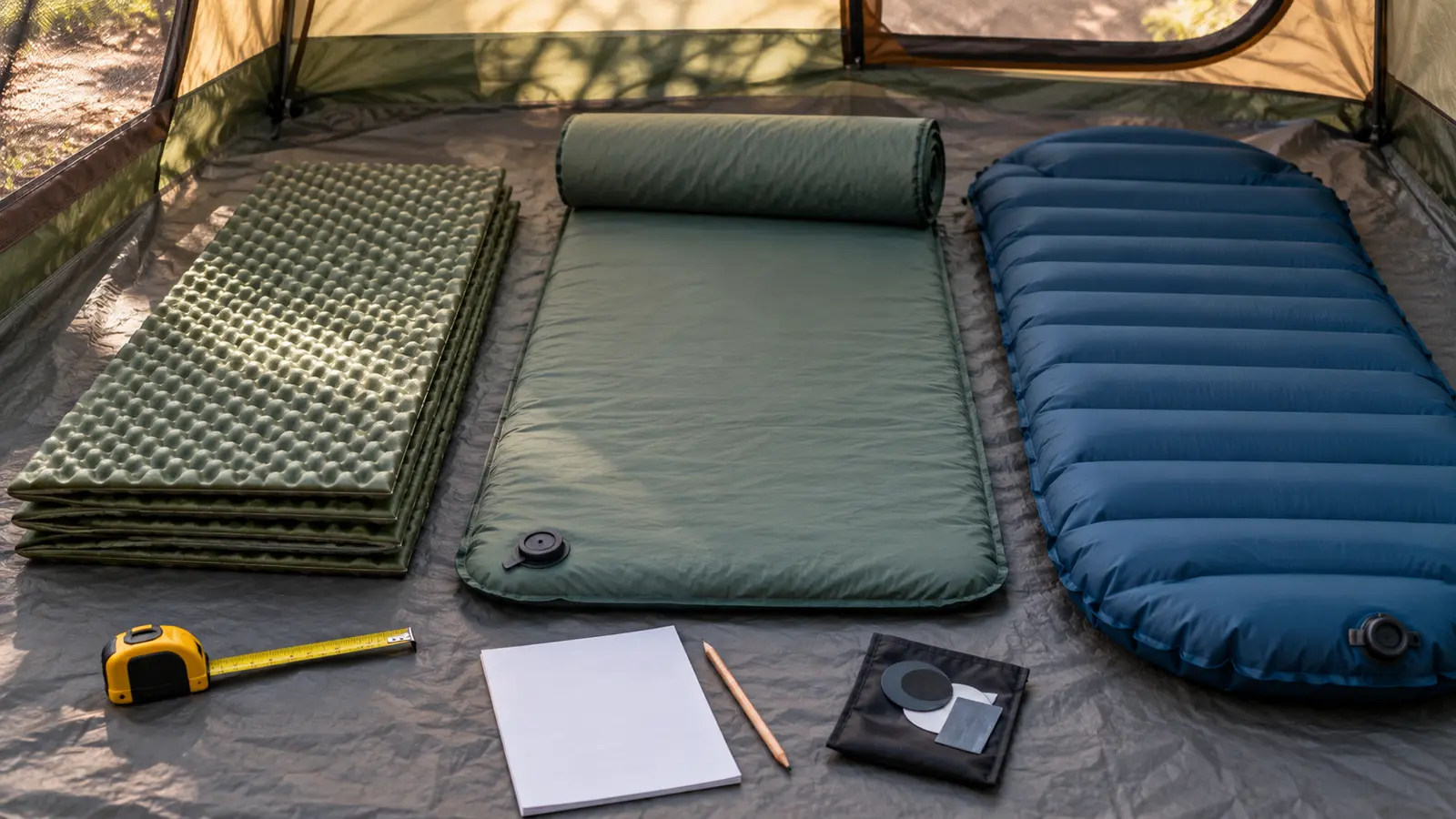 Three generic camping pad categories on a dry tent floor: folded closed-cell foam, a foam-core self-inflating pad and a blue baffled air pad