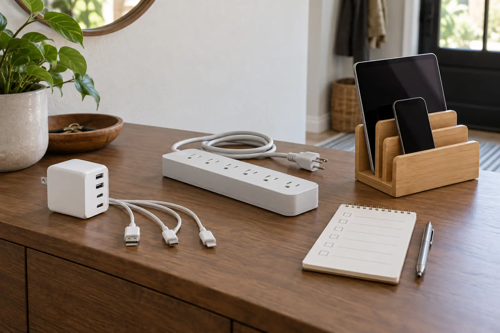 Unbranded multiport charger, unplugged power strip and passive device organizer shown as separate charging-station categories