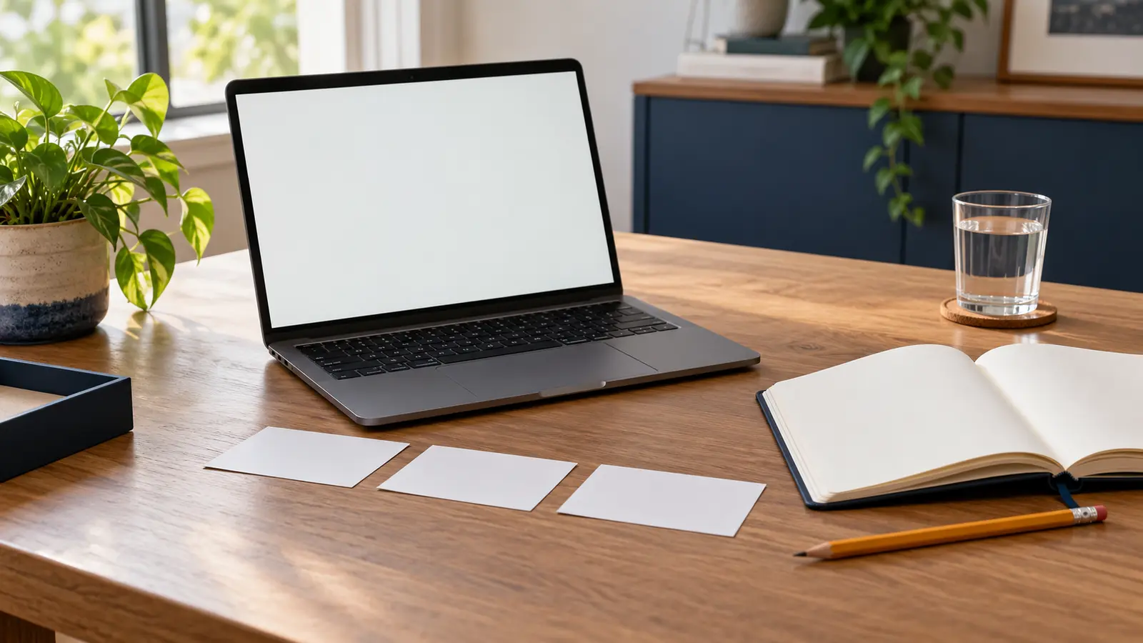 Conceptual home source-checking desk with a blank-screen laptop, three blank cards, notebook and pencil