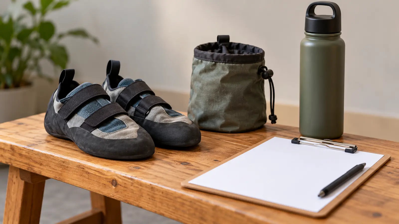 Conceptual climbing preparation kit with unbranded rubber-soled climbing shoes, chalk bag, water bottle and blank checklist