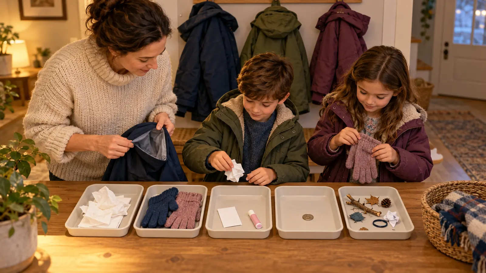 Conceptual adult and two school-age children sorting gloves, tissues, a blank card and harmless coat-pocket clutter into trays