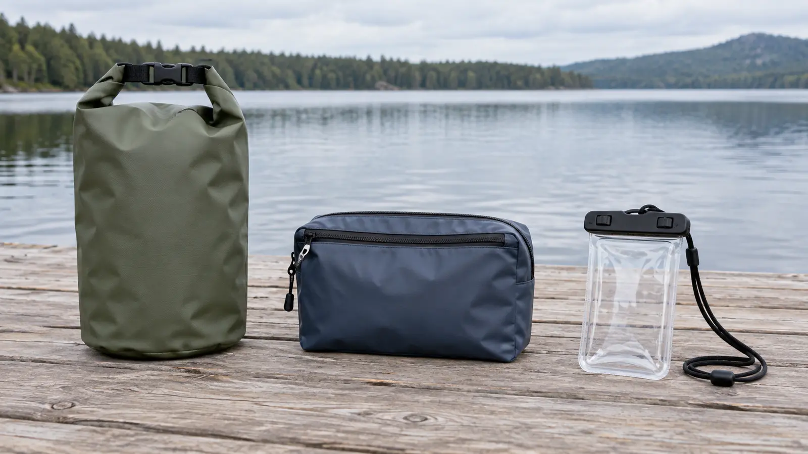 Unbranded roll-top dry bag, zippered gear pouch and transparent phone pouch arranged on a dock