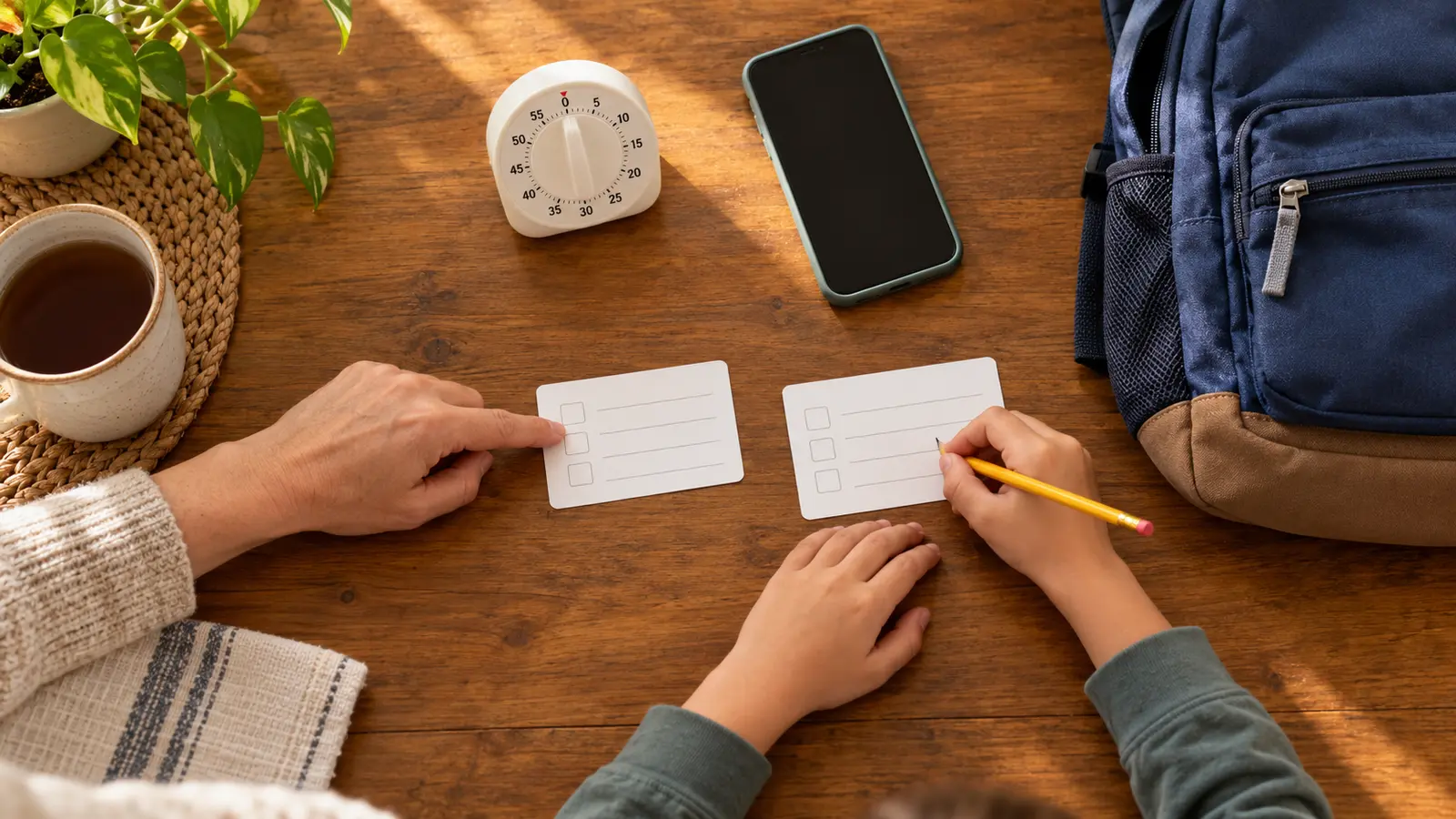 Adult and school-age child hands practicing with two blank contact cards, a blank-screen phone, kitchen timer and school backpack