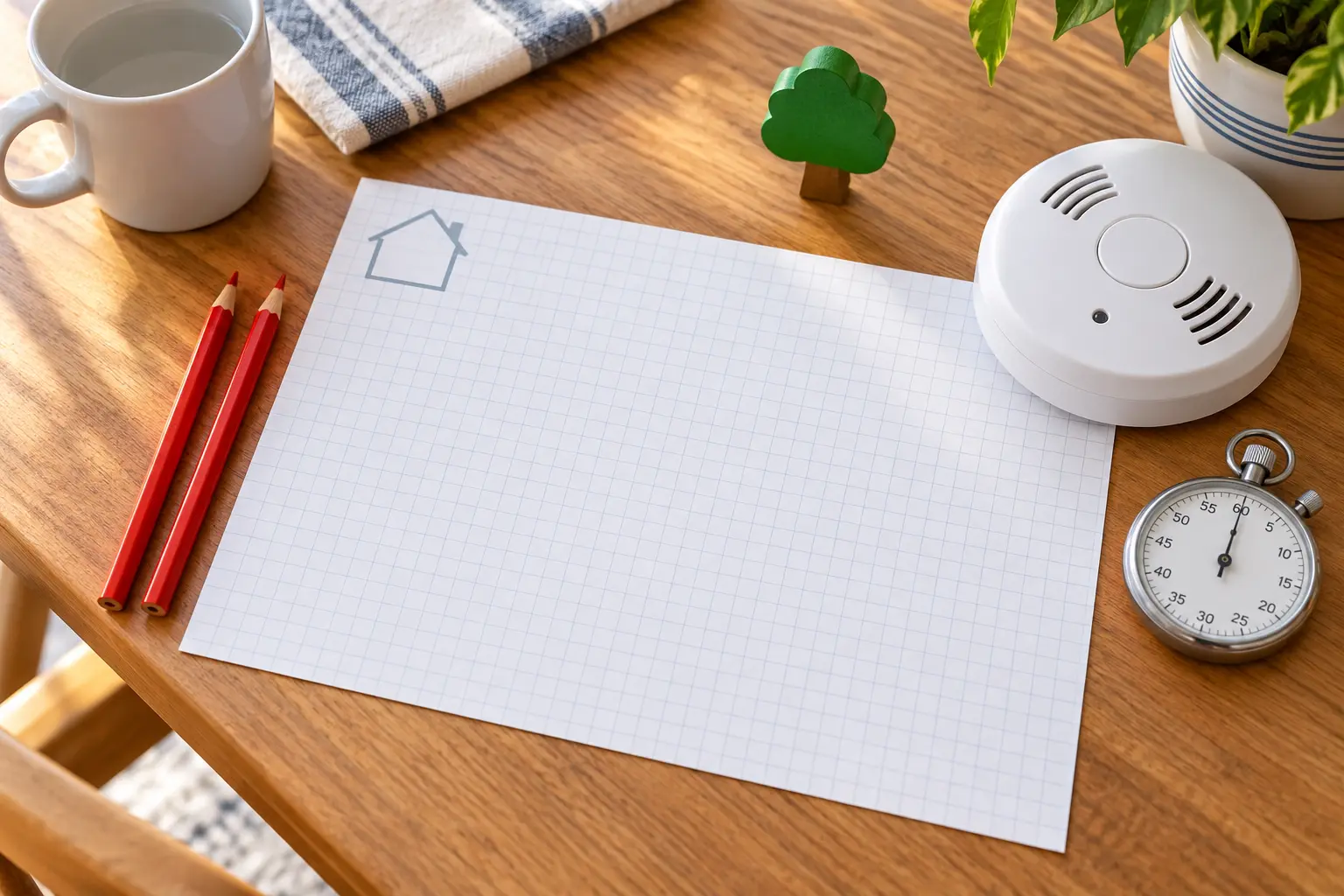 Blank grid paper with a small house icon, two red pencils, a green tree token, plain smoke alarm and stopwatch on a kitchen table