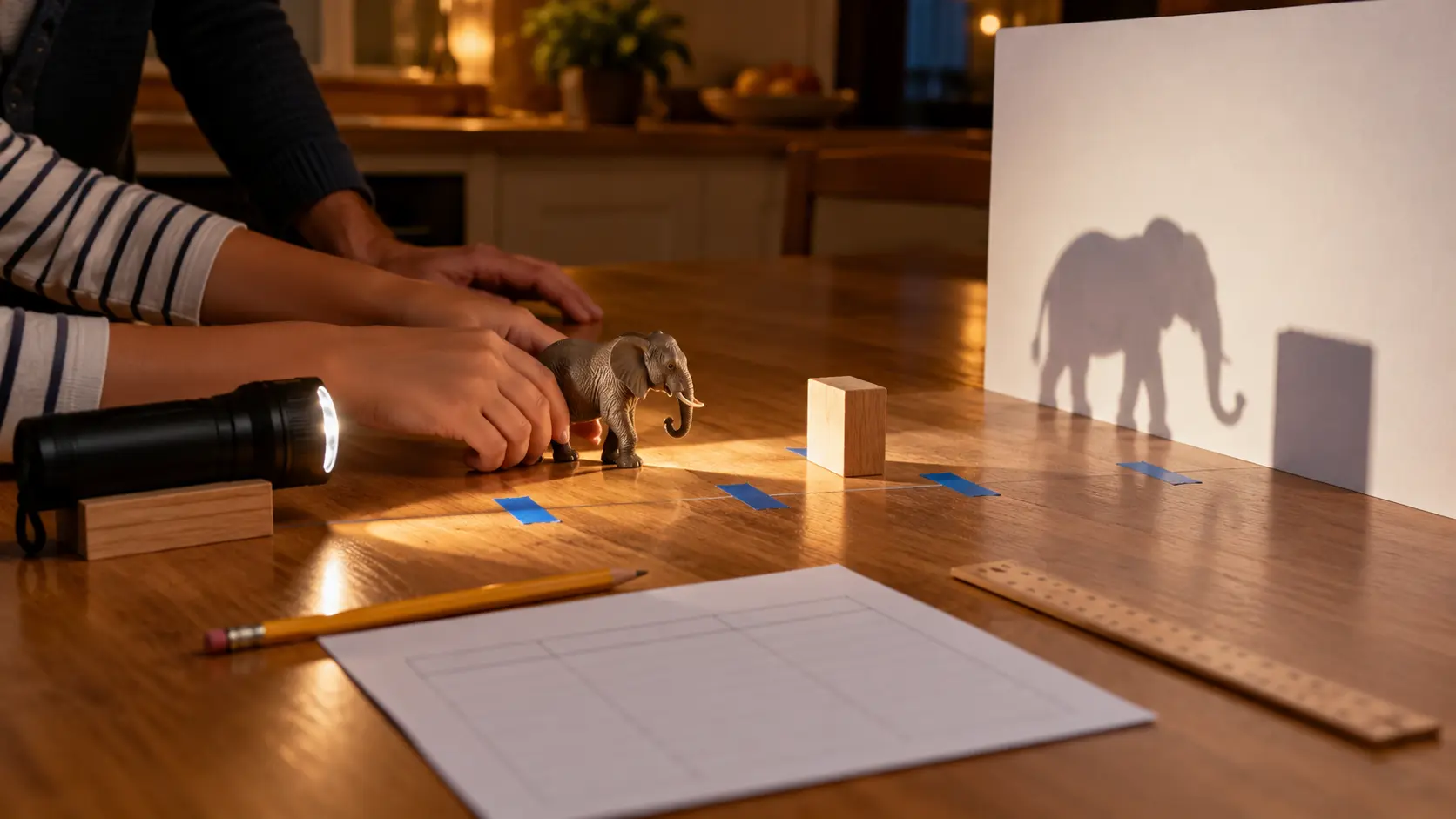 Family flashlight shadow experiment with an LED flashlight, toy elephant, wooden block, ruler, blank observation sheet and white screen