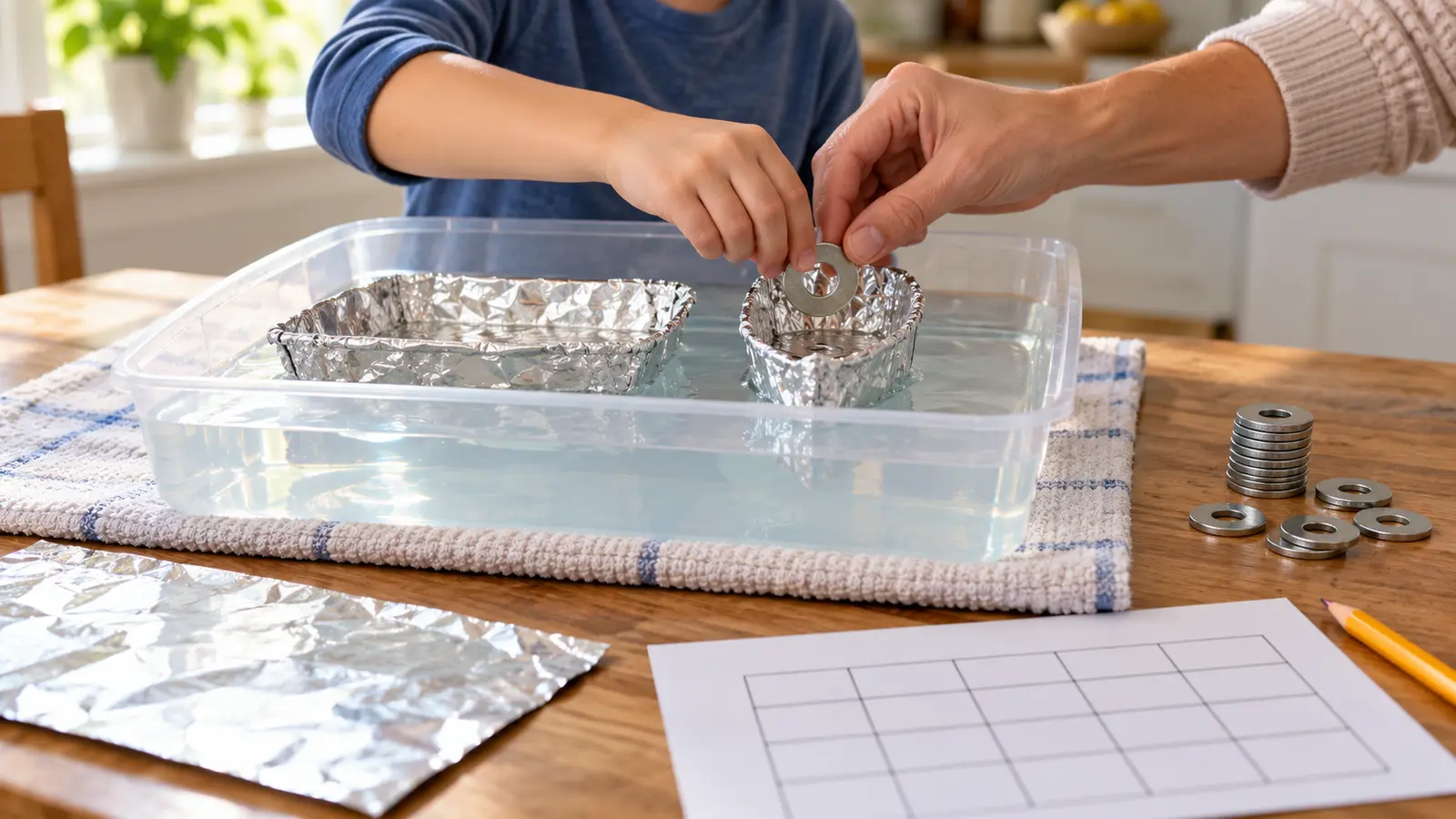 Adult and school-age child hands adding an identical metal washer to a small aluminum-foil boat in a towel-lined clear tub of water