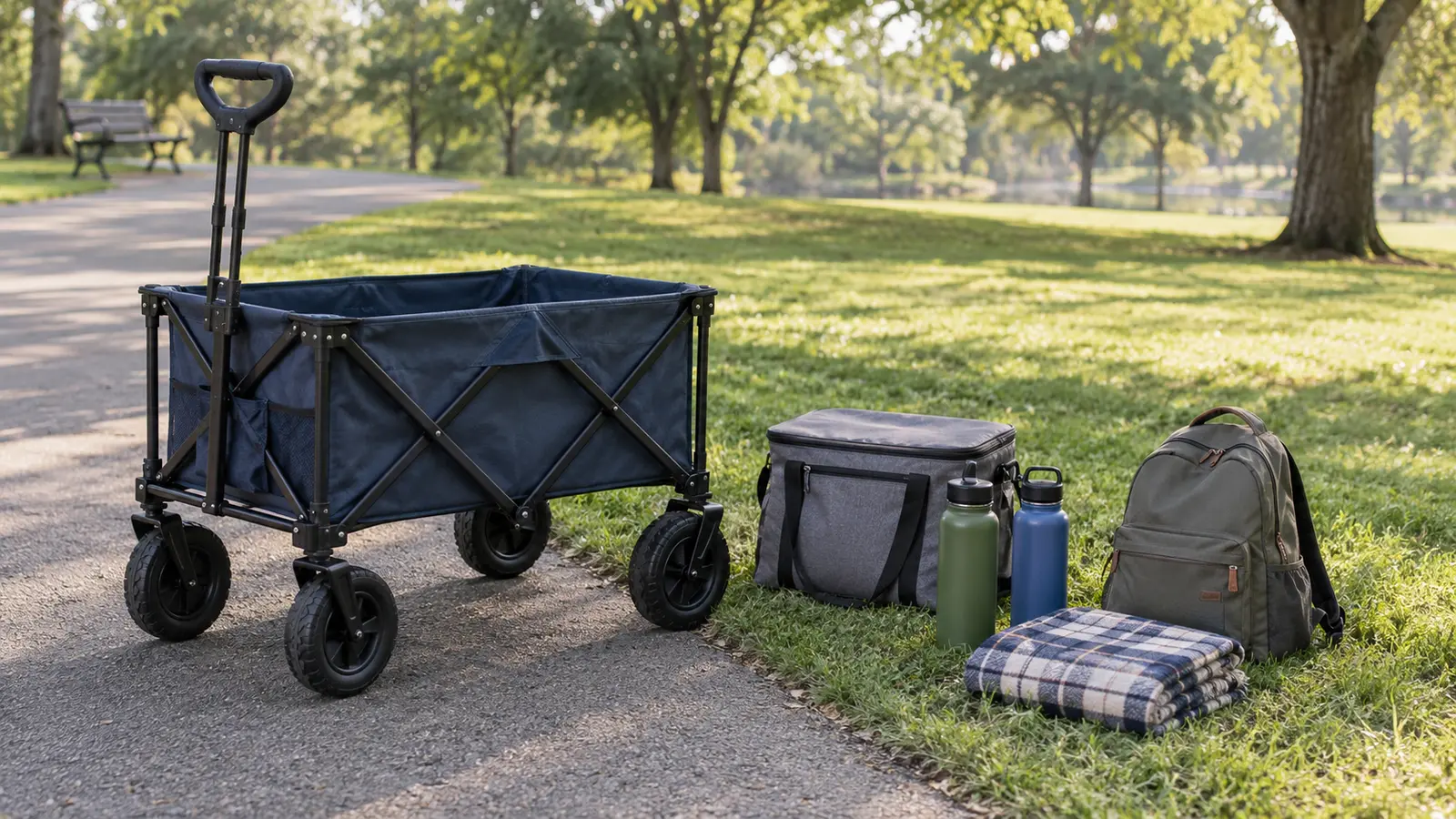 Unbranded folding utility wagon beside a cooler, water bottles, blanket and daypack on a park path