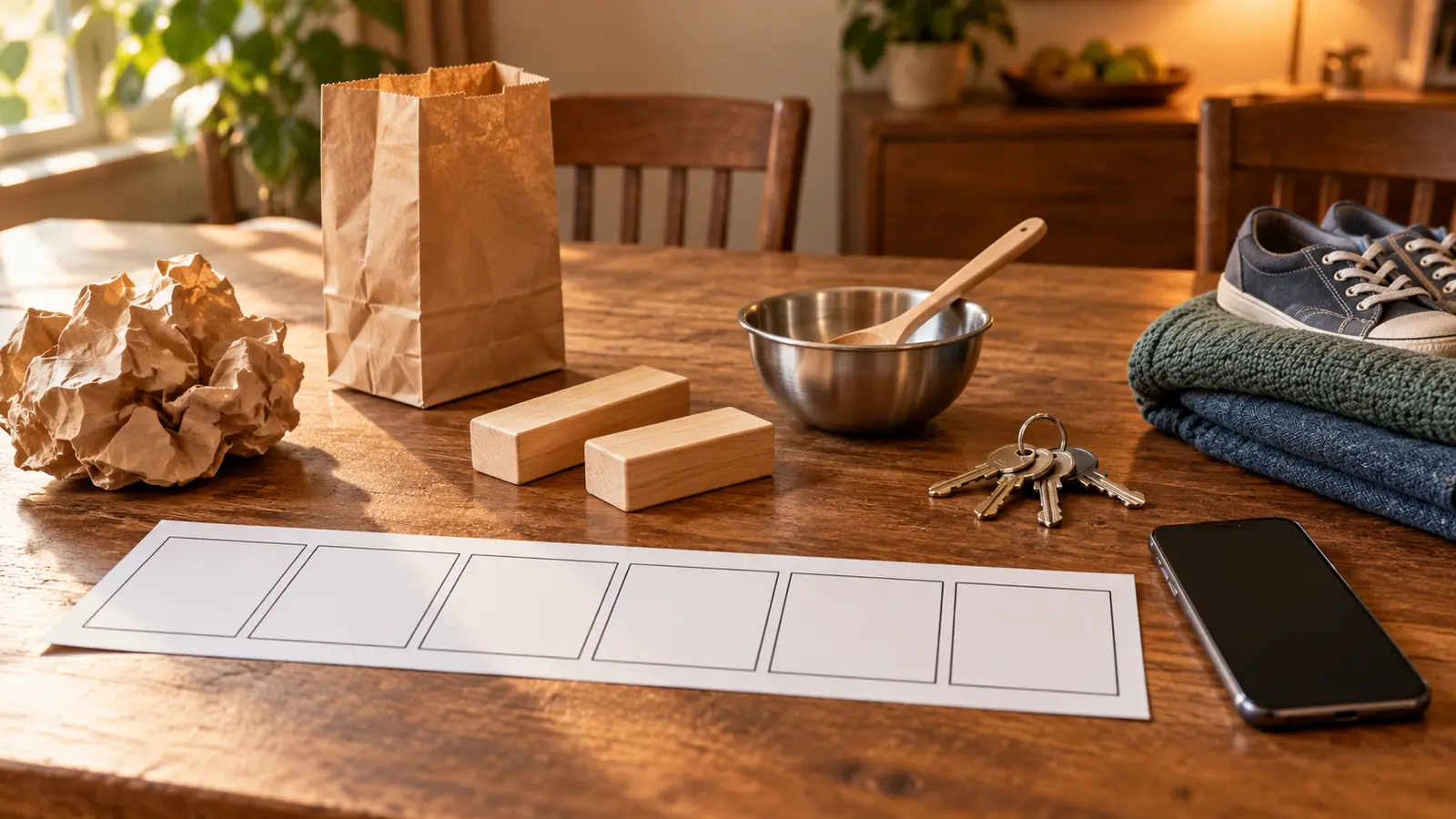 Home Foley sound-effects lab with paper, a bag, wooden blocks, bowl and spoon, keys, fabric, shoes, blank storyboard and dark-screen phone