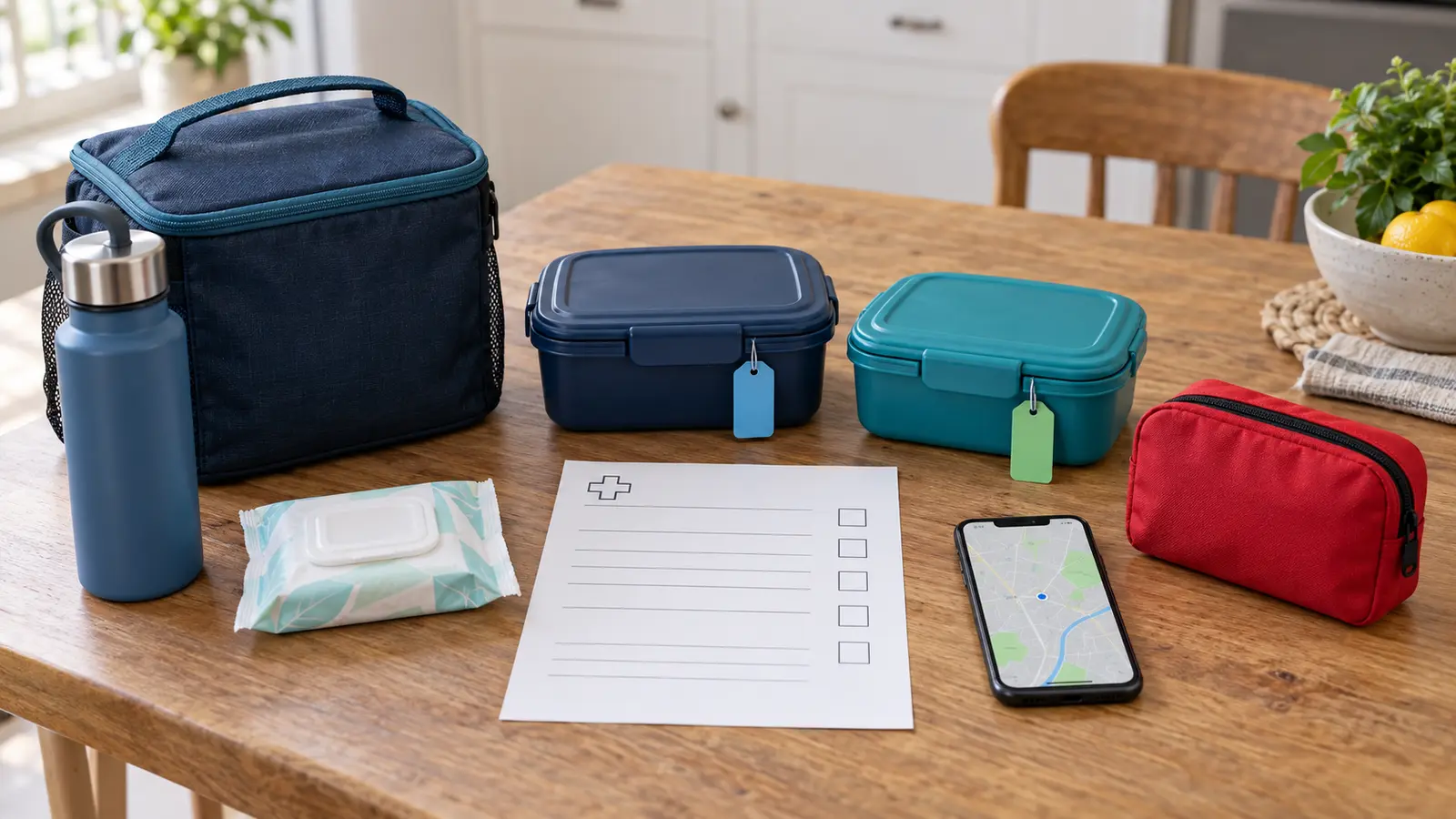 Conceptual day-trip kit with two closed meal containers, insulated bag, red medicine pouch, blank care-plan form, water, wipes and map