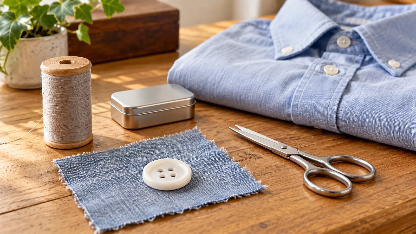Conceptual sewing setup with a large four-hole button on scrap fabric, thread spool, small closed metal tin and scissors resting flat