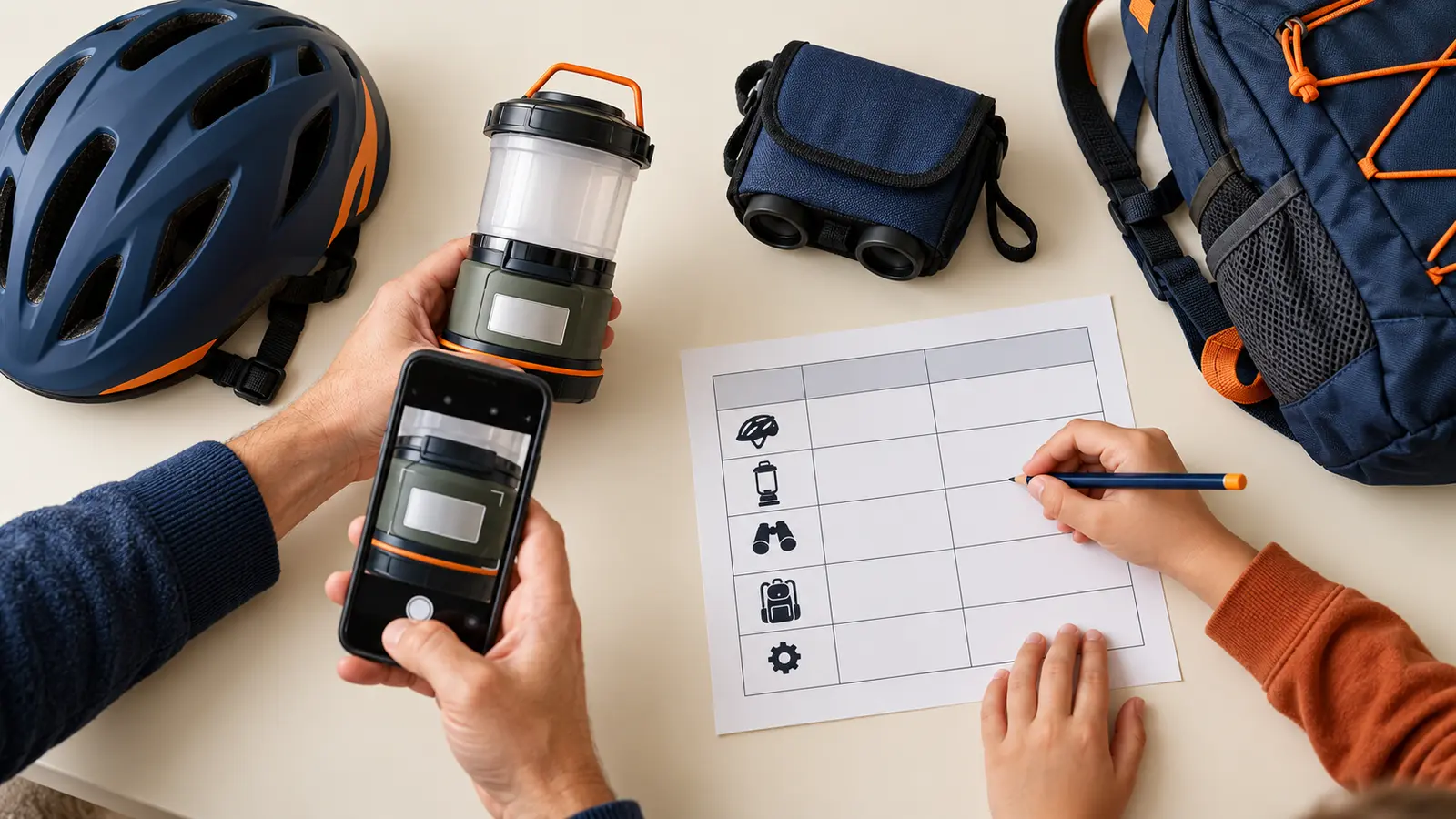 Conceptual adult photographing a blank manufacturer label on a generic lantern while a child marks an untitled five-row gear record beside a helmet, binocular case, and backpack