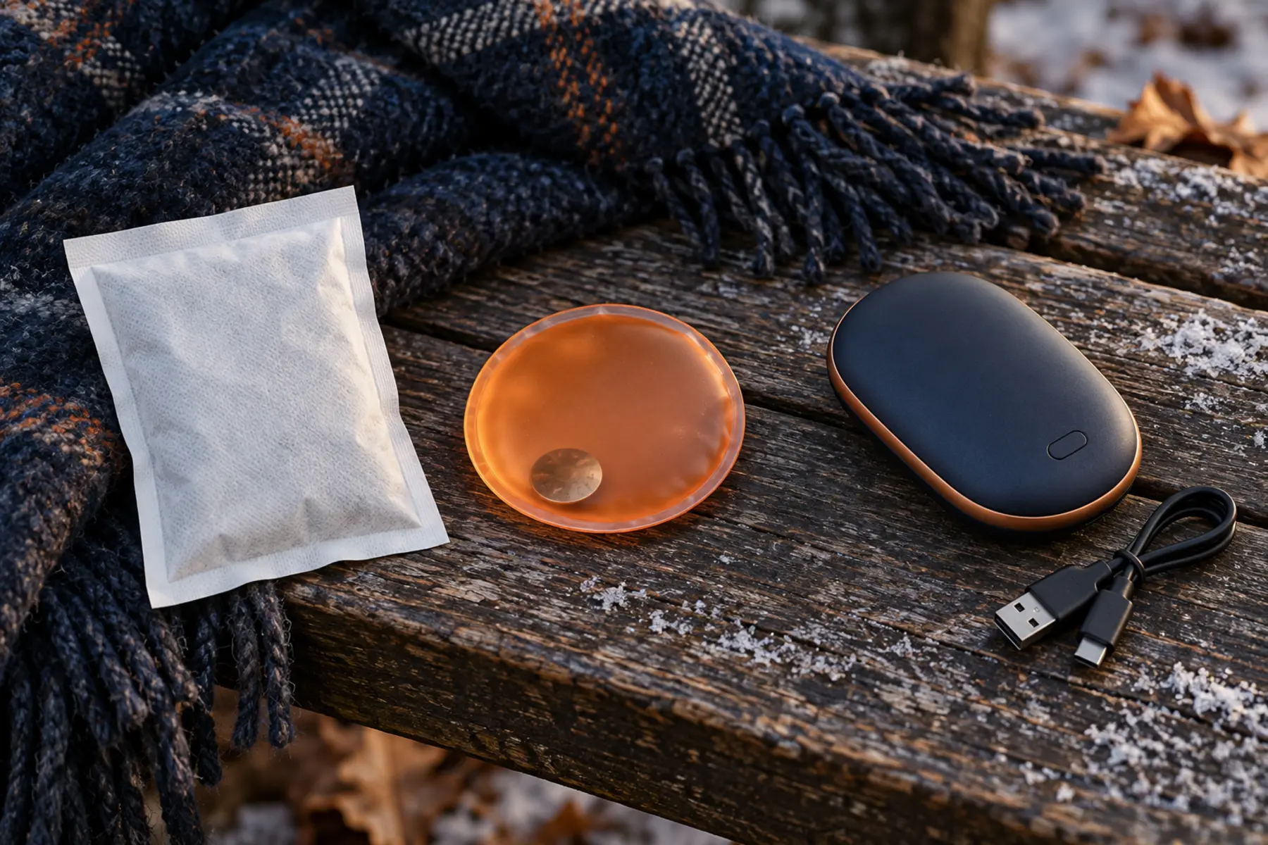 Three unbranded hand-warmer categories: sealed air-activated packet, reusable snap-disc pouch and powered-off rechargeable warmer with cable