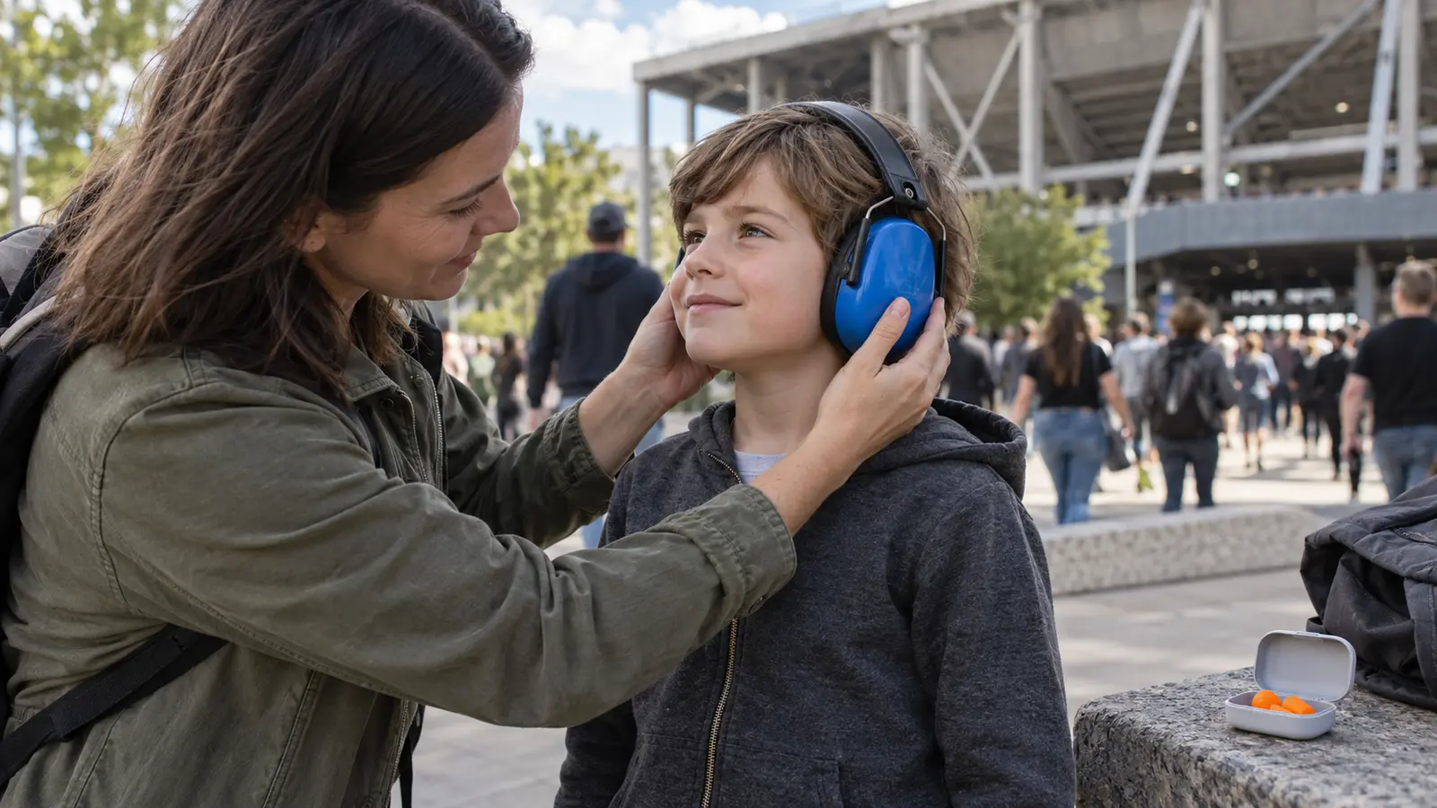Parent checking the seal of protective earmuffs on a school-age child before a loud event