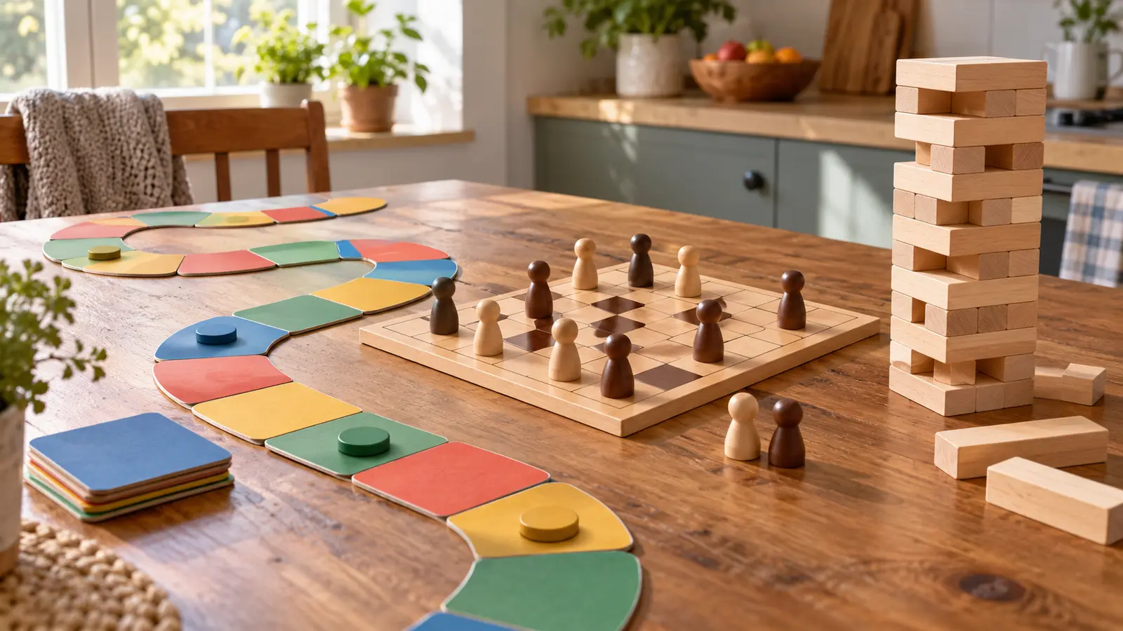 Conceptual unbranded cooperative path tiles, abstract strategy board with wooden pawns and balancing blocks on a kitchen table