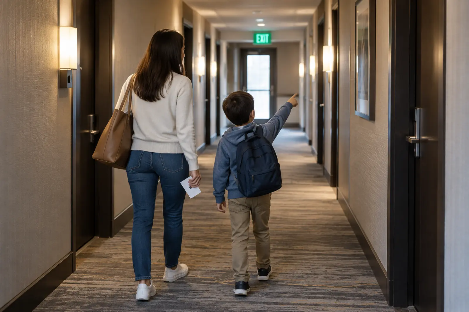 Adult and school-age child seen from behind counting hotel-room doors toward an illuminated exit sign