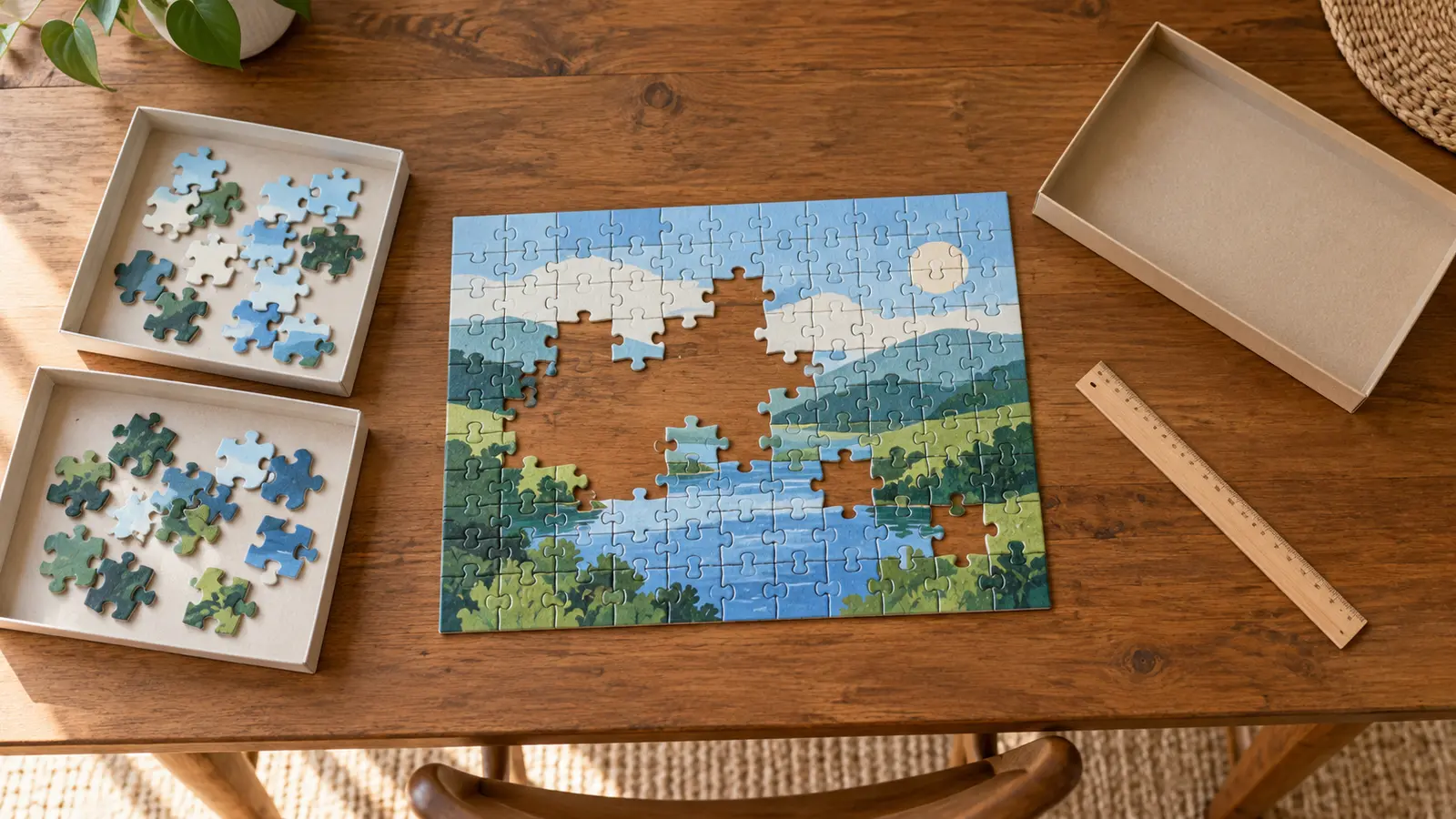 Generic unfinished cardboard jigsaw with an abstract landscape, loose interlocking pieces in shallow trays, blank lid and wooden ruler