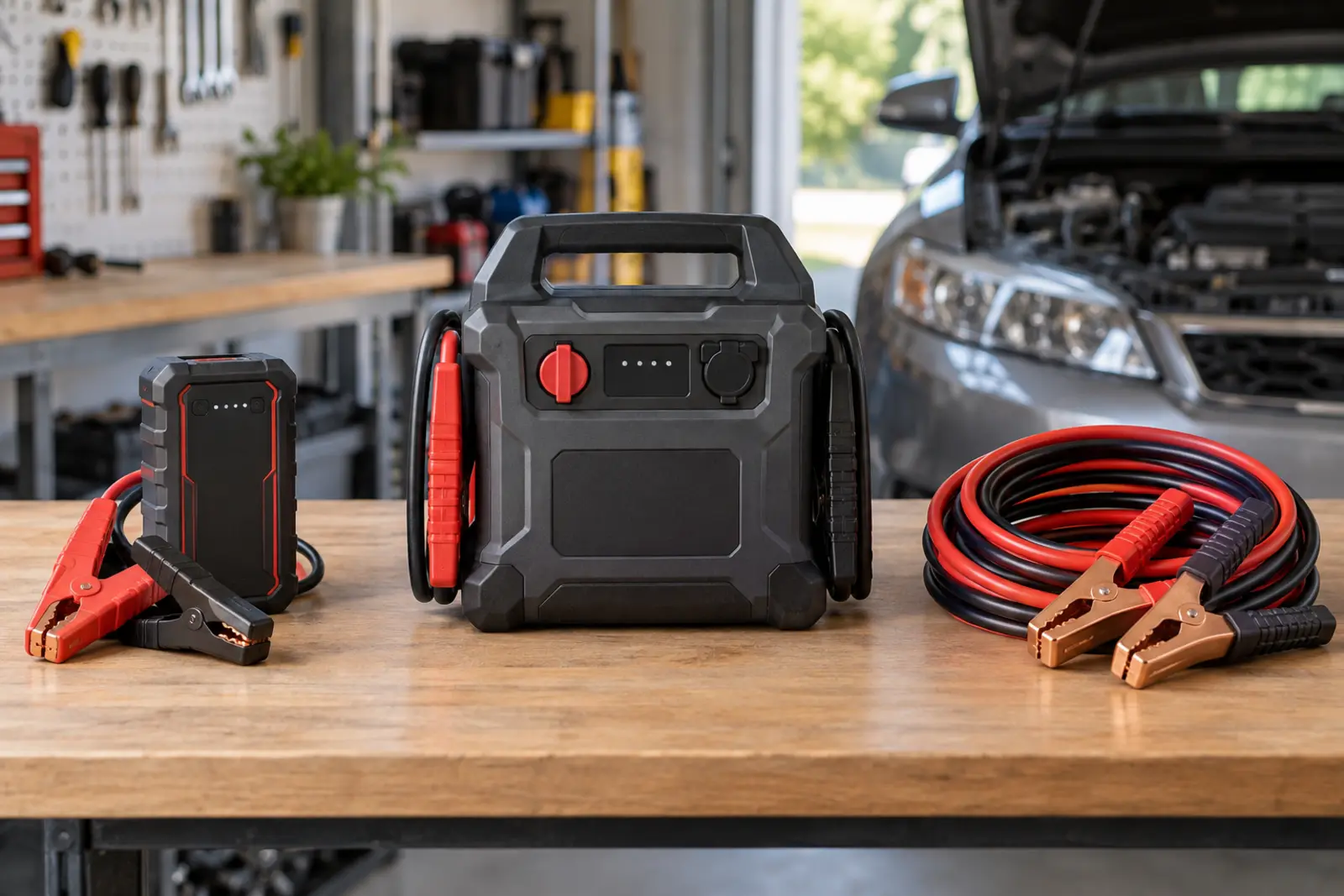 Unbranded compact lithium jump pack, larger portable jump box and coiled jumper cables arranged on a workbench