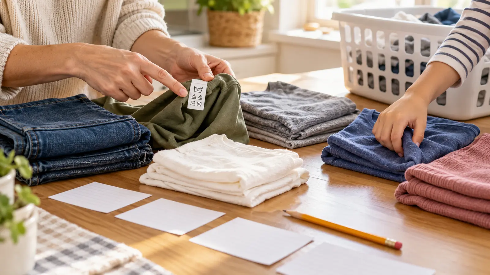 Adult and school-age child hands sorting five clean garments at a table while reading one care label, with blank index cards, pencil and laundry basket and no detergent or machines