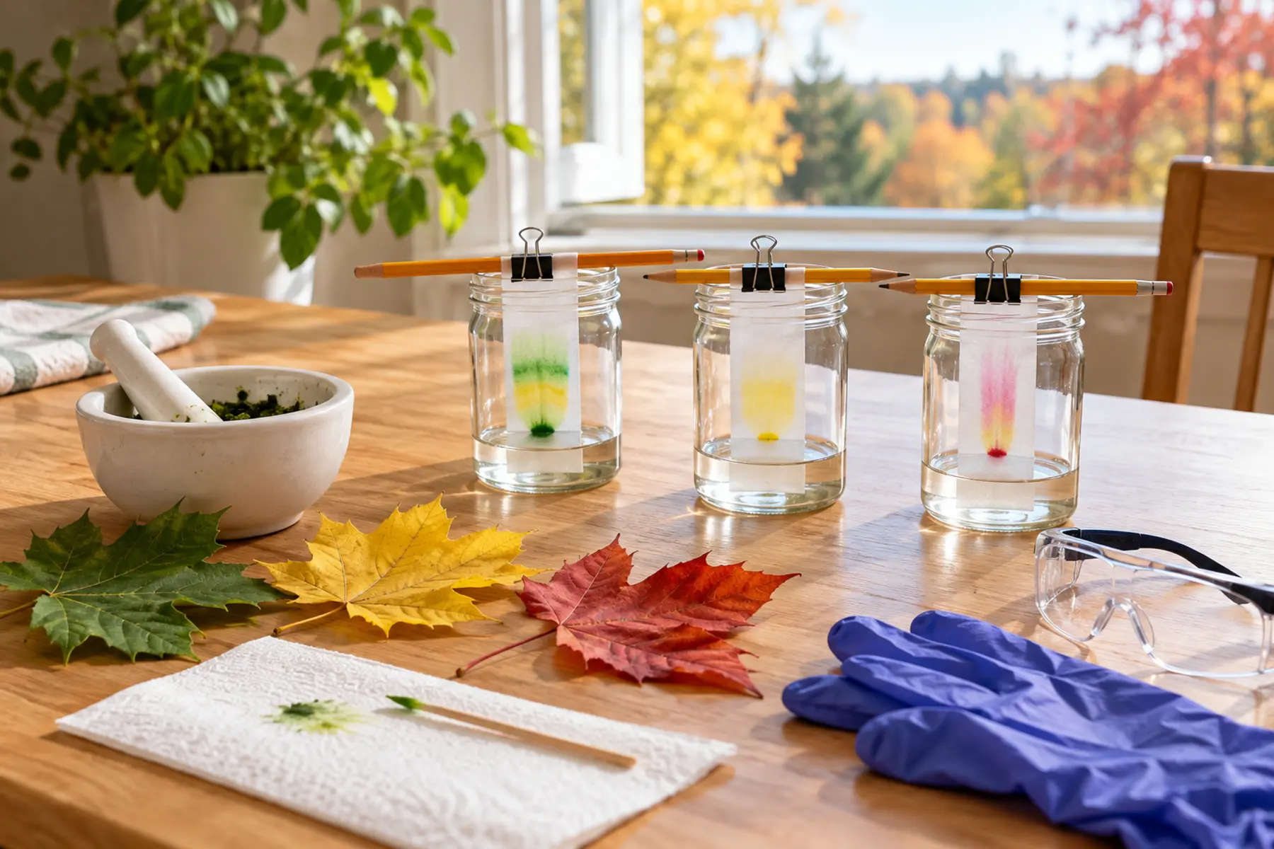Adult-supervised fall leaf chromatography setup with green, yellow and red leaves, shallow jars, coffee-filter strips, goggles, gloves and separated pigment bands