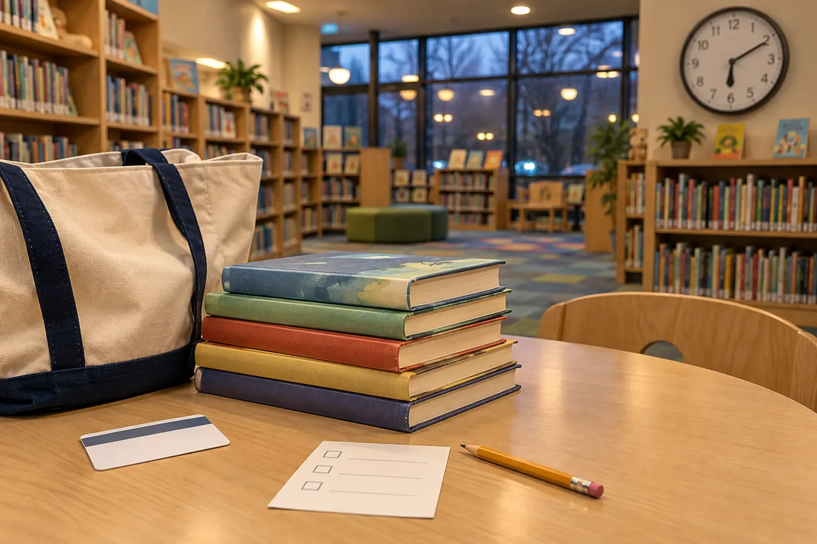 Generic public-library children’s area with blank-spined books, a tote, a blank card and a three-item checklist