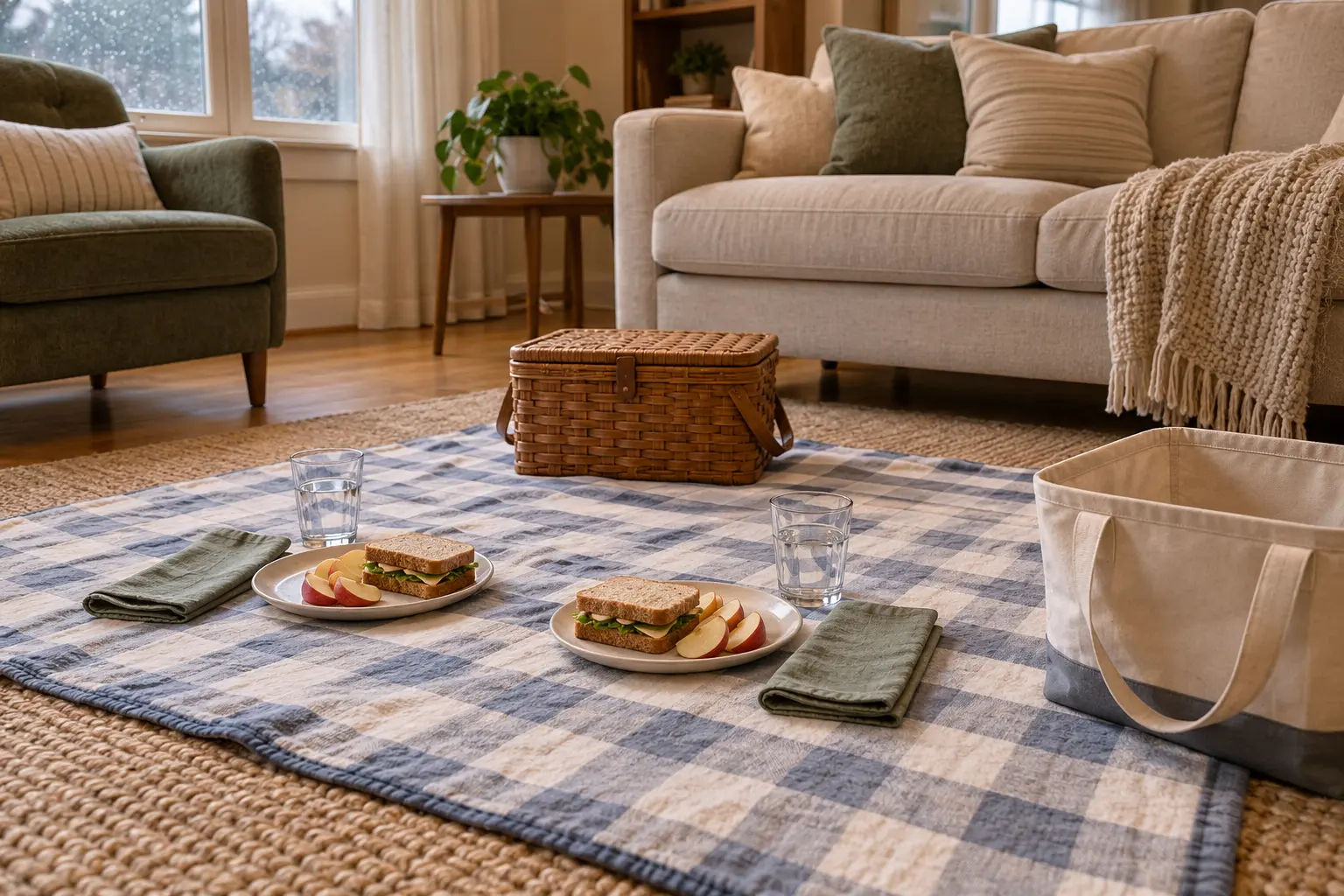 Generic living-room picnic with blanket, simple plates and cleanup tote
