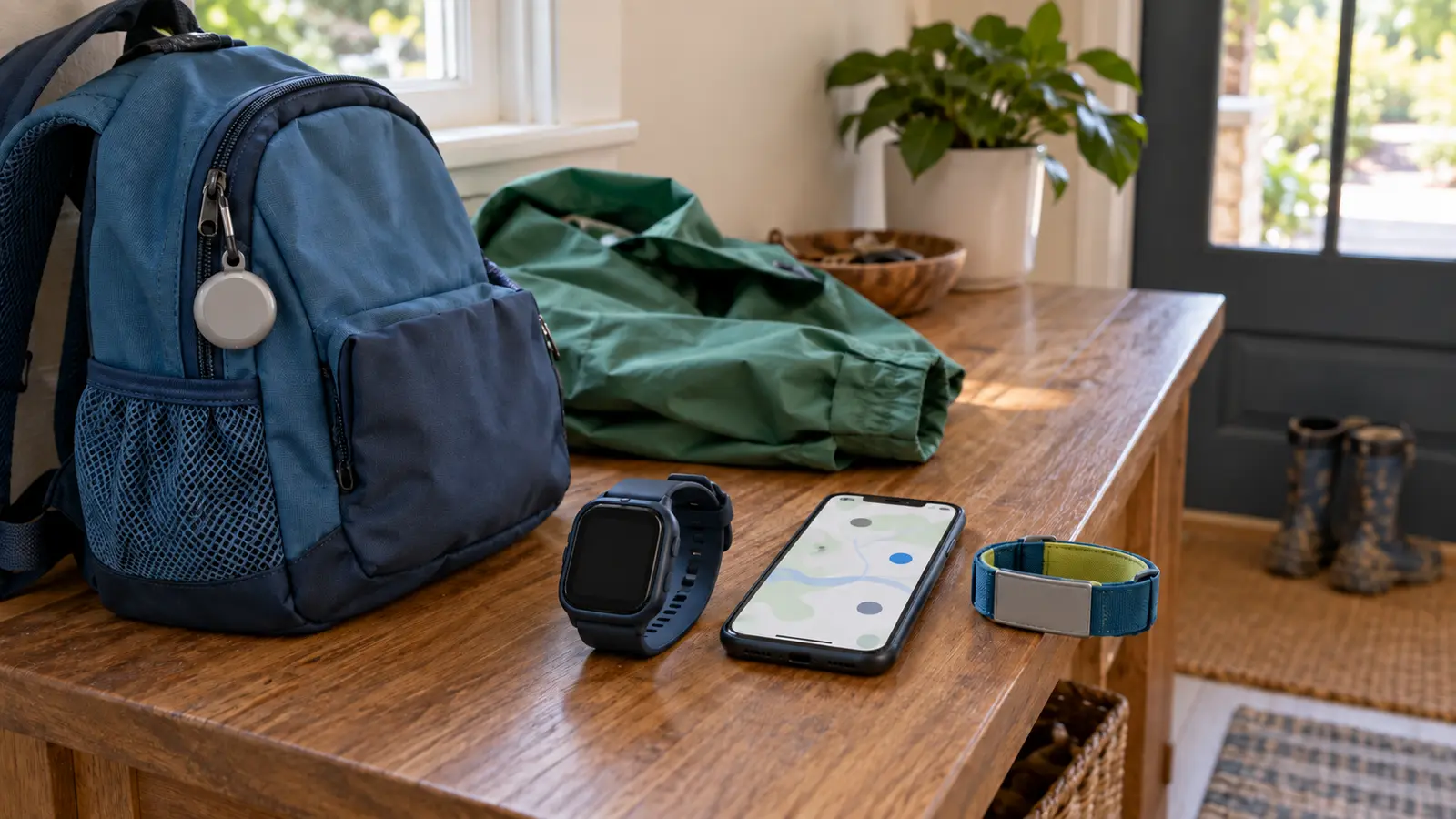 Unbranded Bluetooth item tag, blank GPS-style watch, phone map and contact wristband beside a family backpack