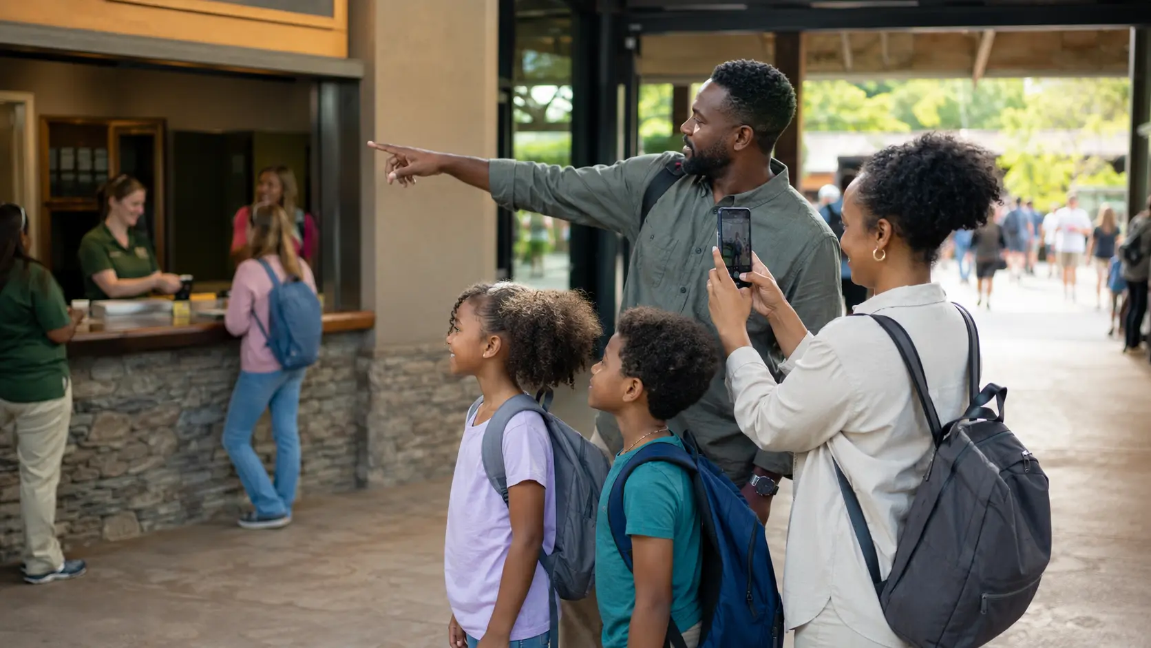 A family calmly pointing out a staffed guest-services counter at a public attraction entrance