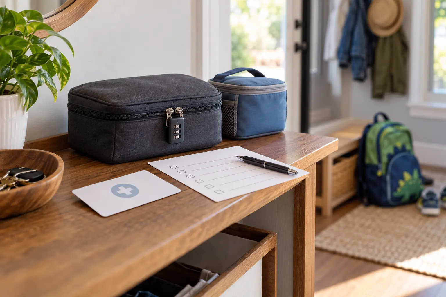 Locked travel pouch and blank medicine checklist on a high shelf