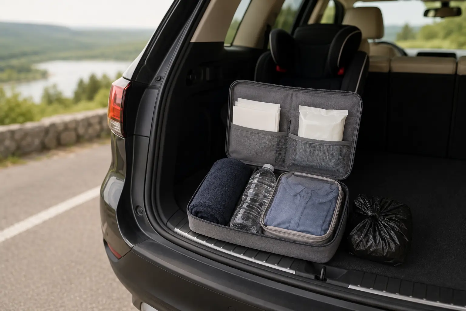 A tidy car-sickness cleanup kit with bags, wipes, towel, water and spare clothing in the open rear of a parked family car