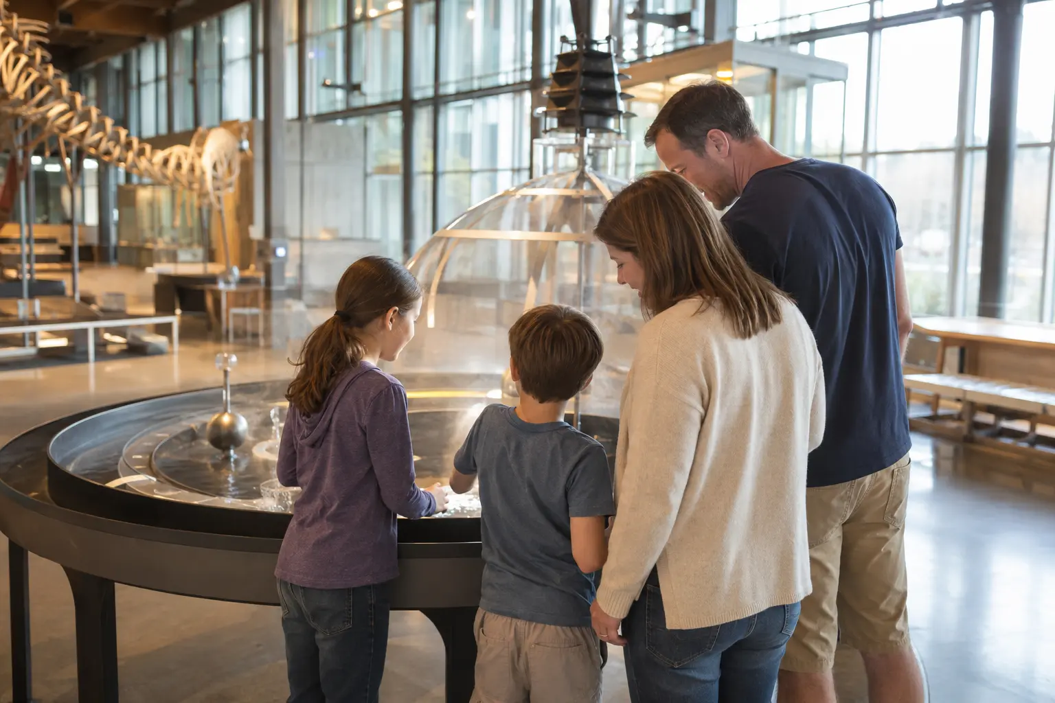Family of four exploring a hands-on exhibit together in a modern museum