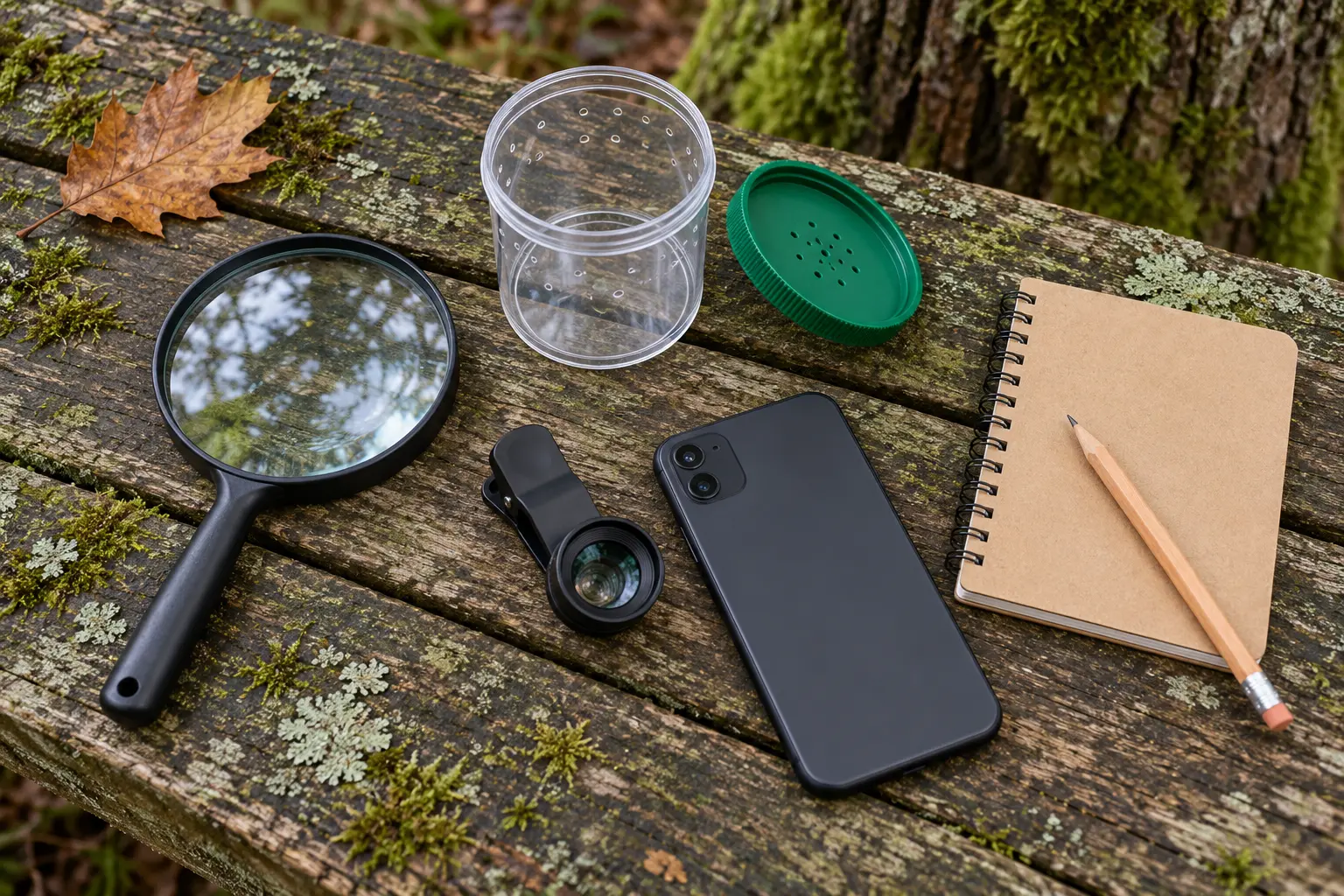 Unbranded magnifier, empty viewer, phone macro lens and notebook