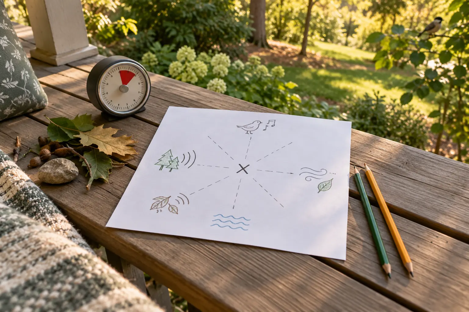 Blank sound map on a porch table with a center X, directional sound symbols, two colored pencils and an analog timer