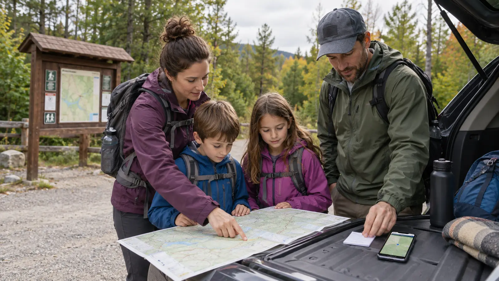 Two adults and two school-age children reviewing a printed trail map and offline phone map at a trailhead beside their vehicle
