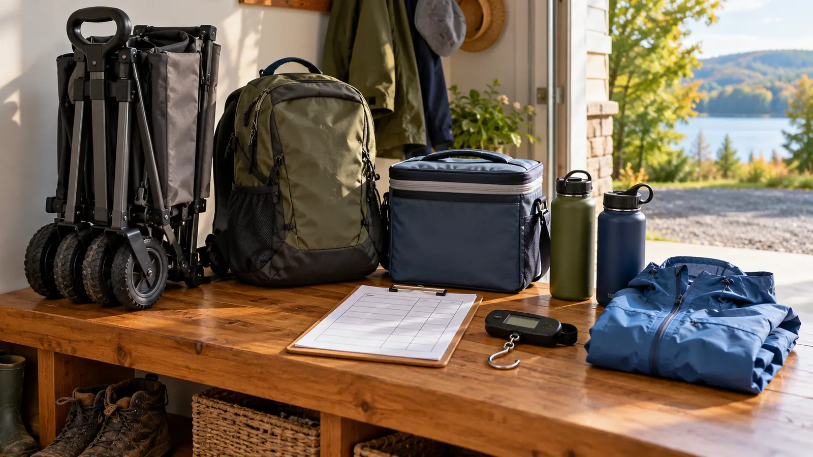 Generic folded cargo wagon, daypack, soft cooler, water bottles, rain shell, blank weight grid and compact luggage scale on a wooden bench