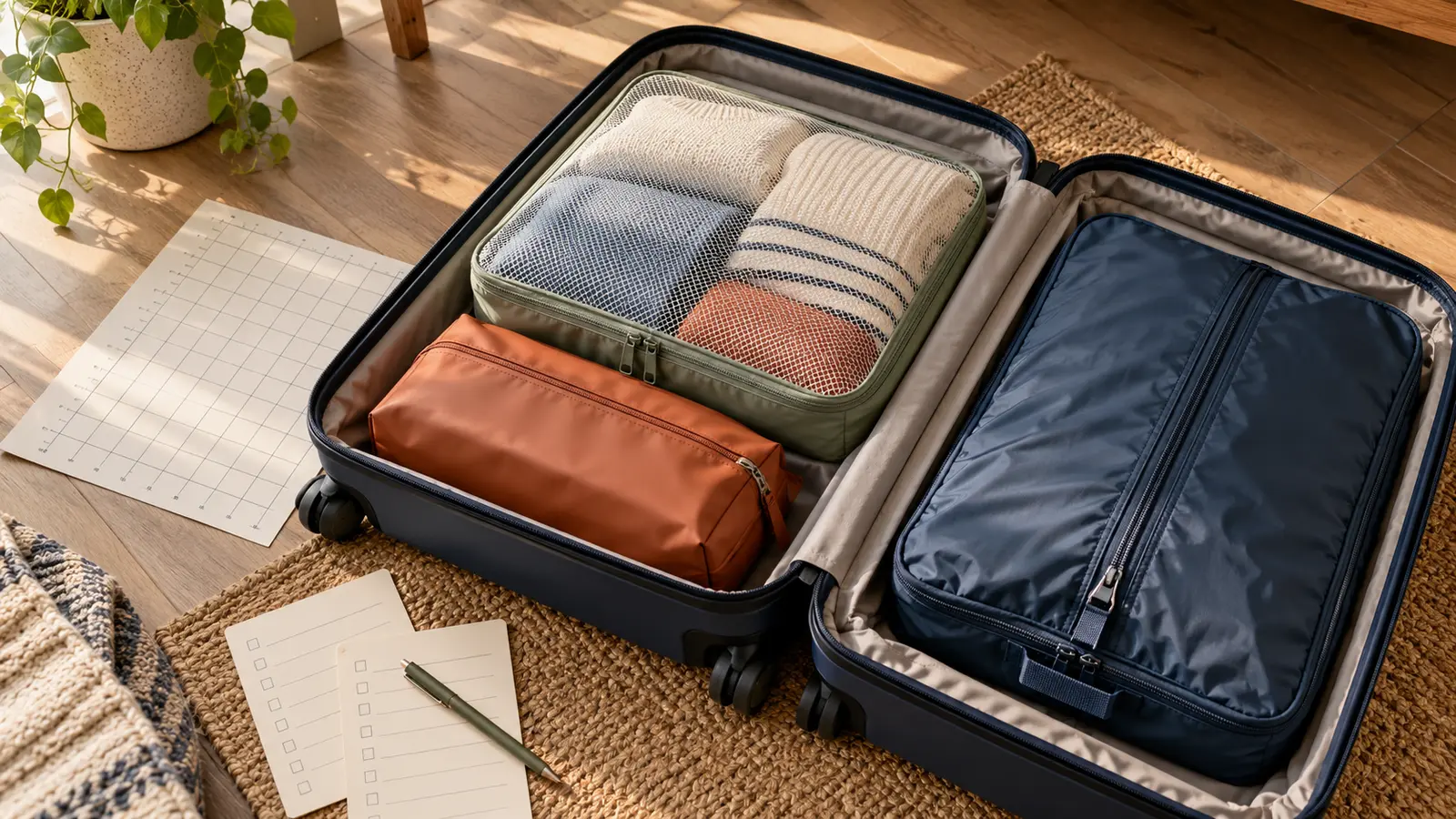 Unbranded mesh cube, opaque zip pouch and compression cube arranged in a generic open suitcase