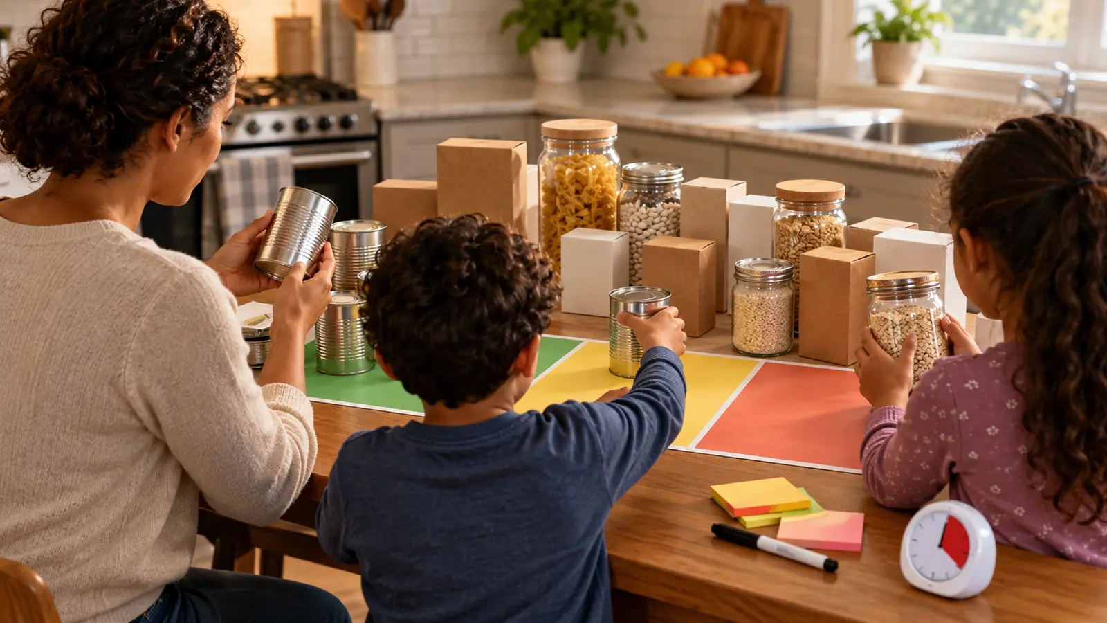 Conceptual family sorting intact blank pantry packages into three color zones at a kitchen table