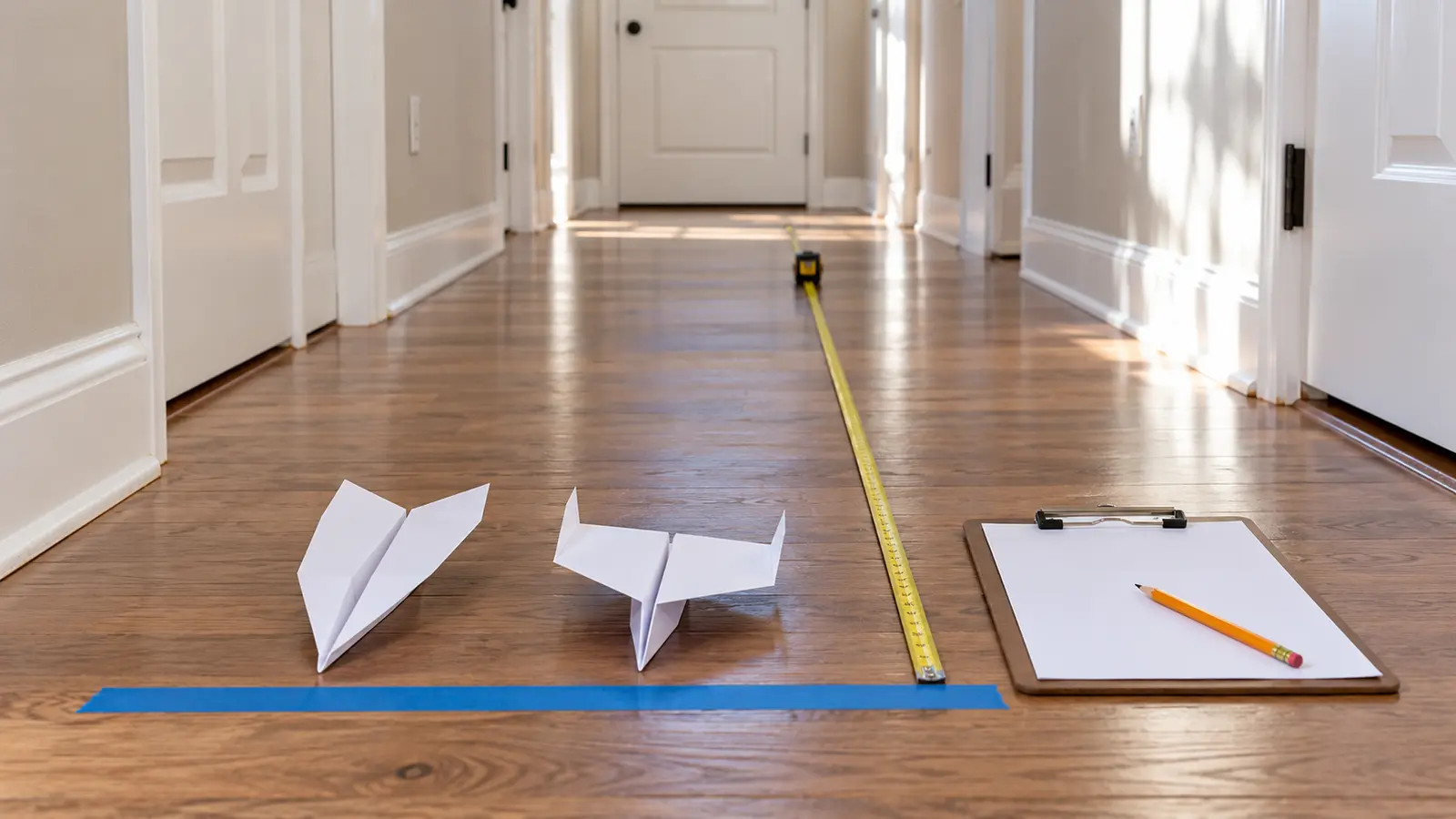 Two white paper airplane designs beside blue tape start line, tape measure and blank results sheet in a clear home hallway