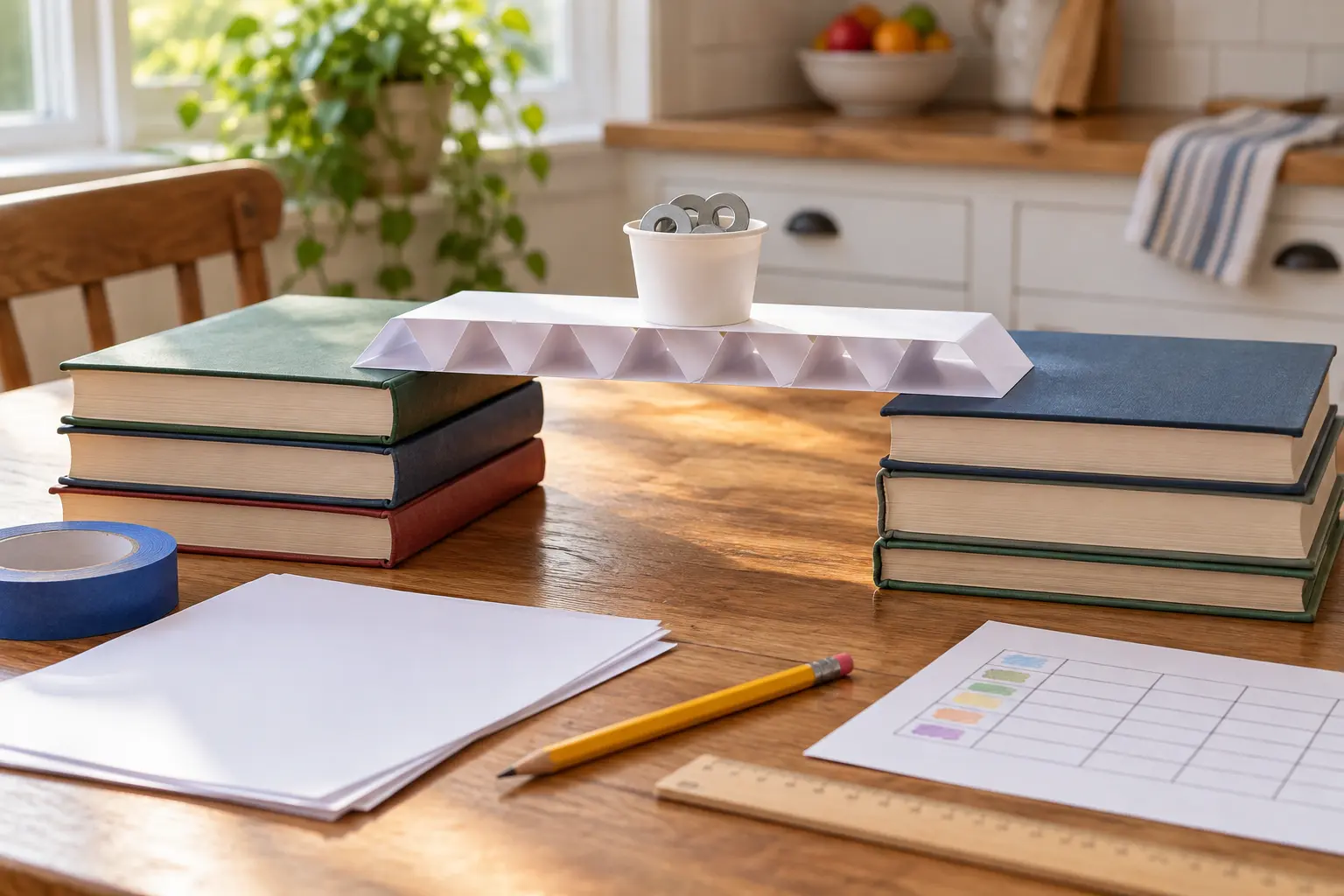 Folded paper bridge spanning two equal stacks of books with a small paper cup holding a few washers, plus paper, tape, pencil, ruler and blank results grid